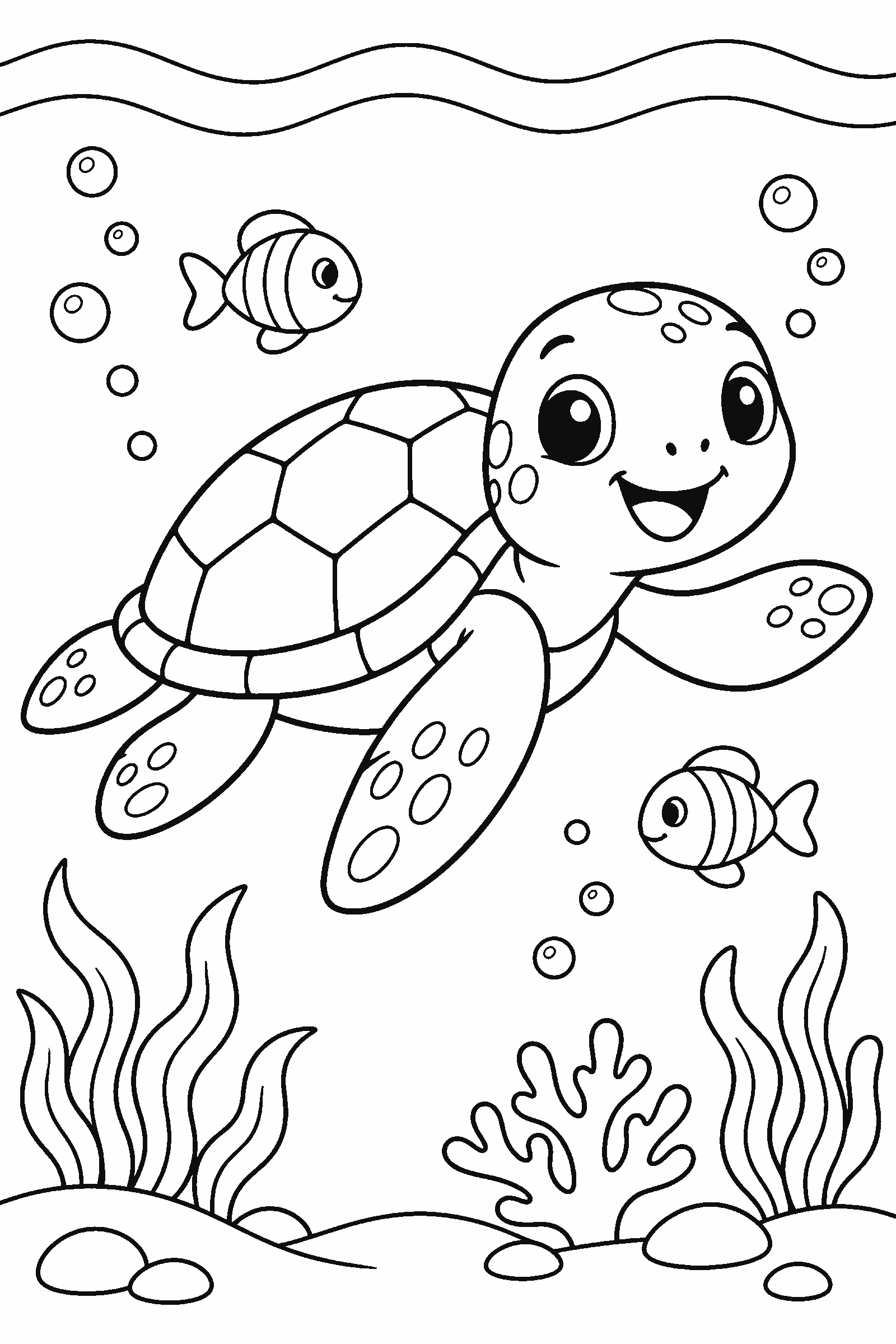 Coloring page of a sea turtle swimming in a clean ocean