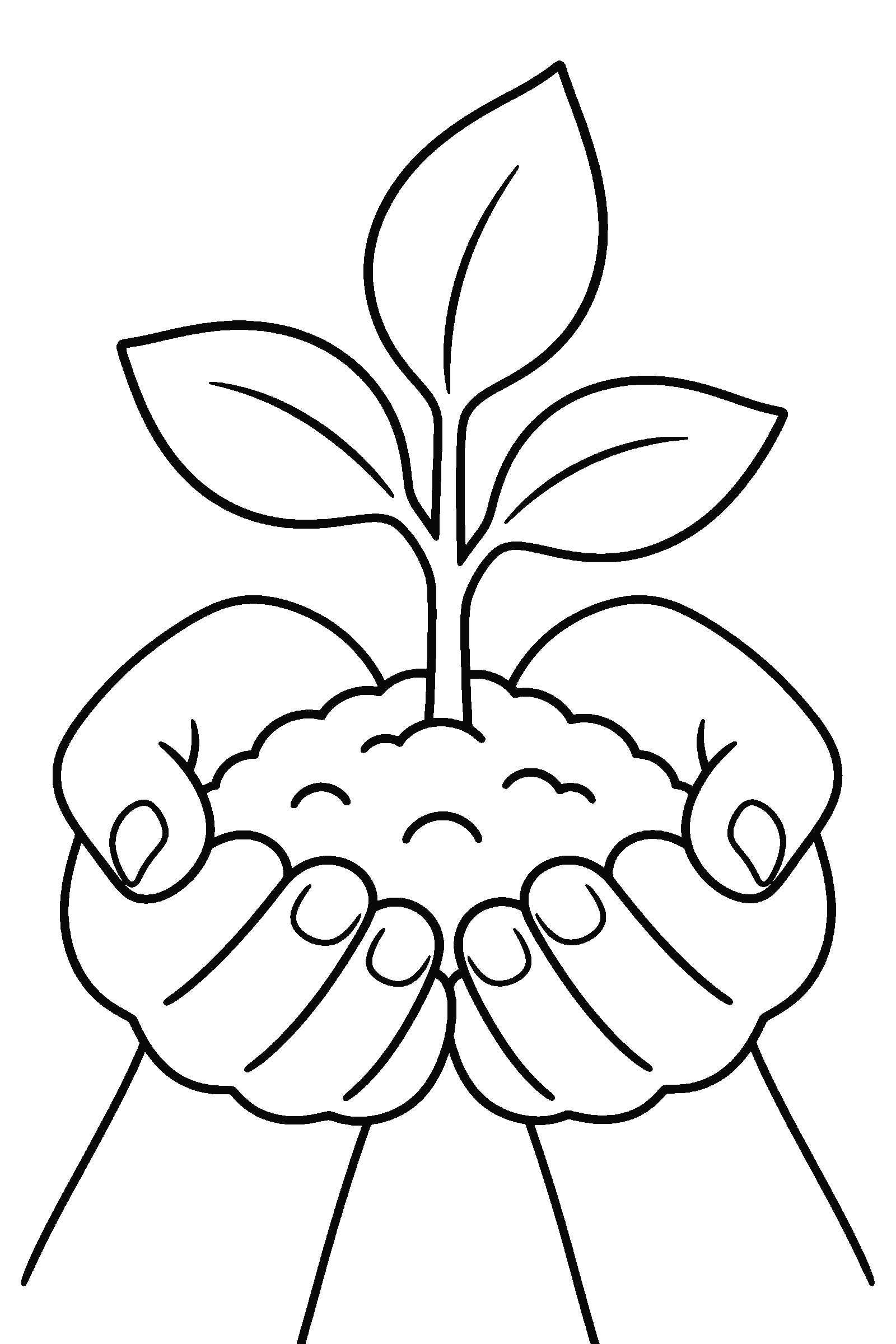 Coloring page of hands holding a seedling