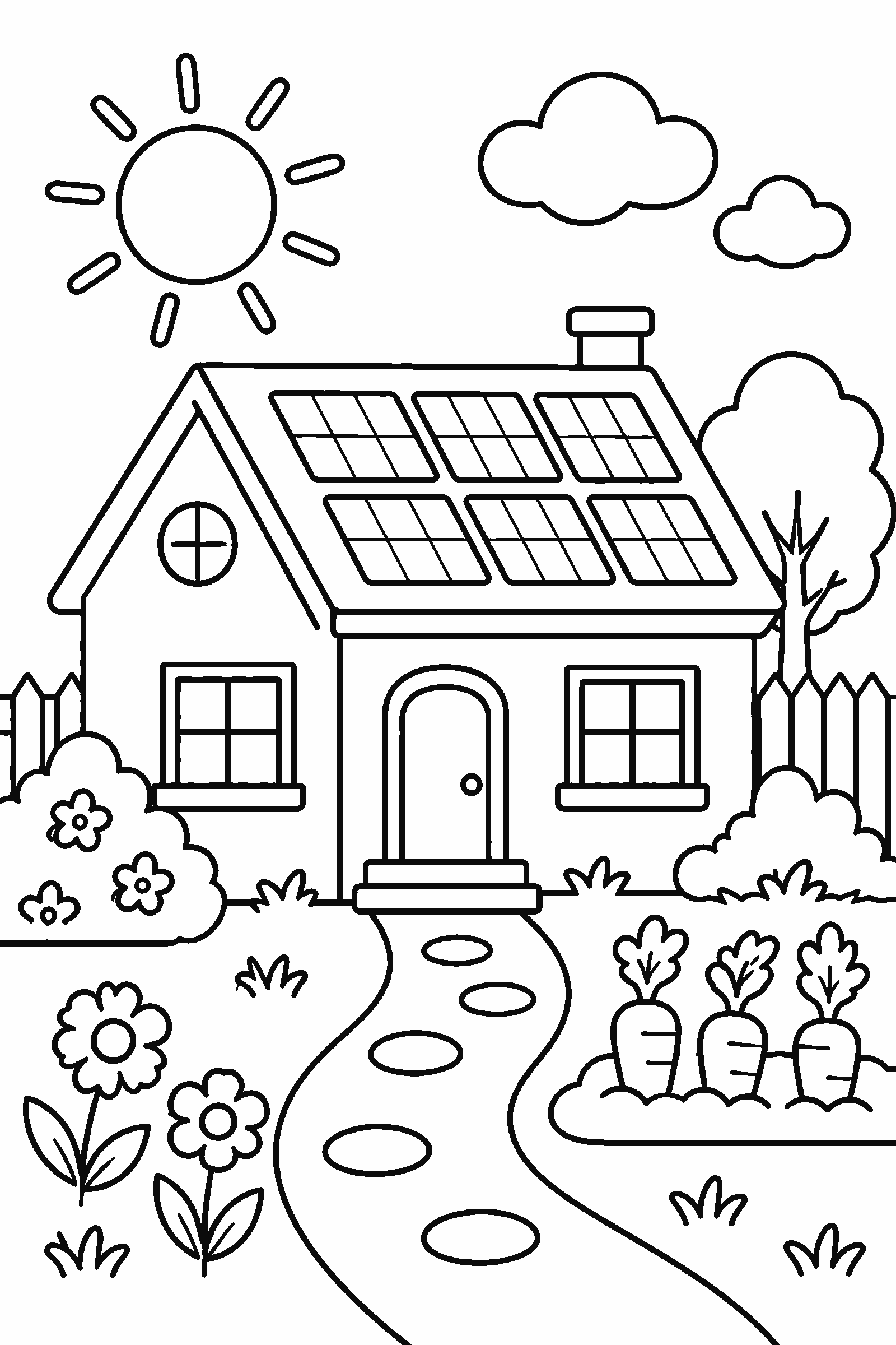 Coloring page of a house with solar panels and a garden