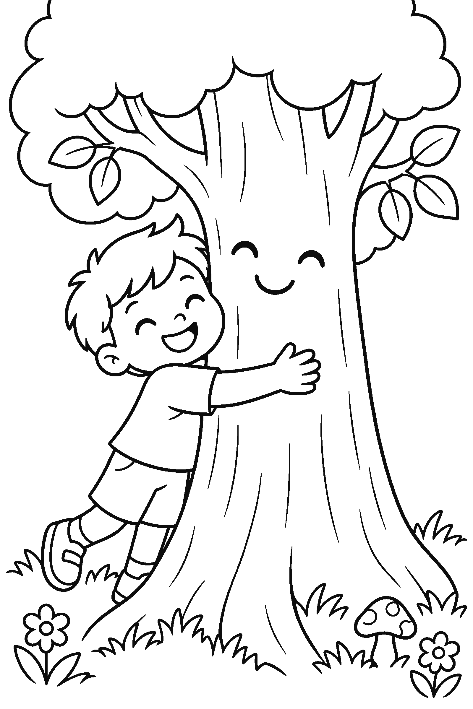 Coloring page of a kid hugging a tree