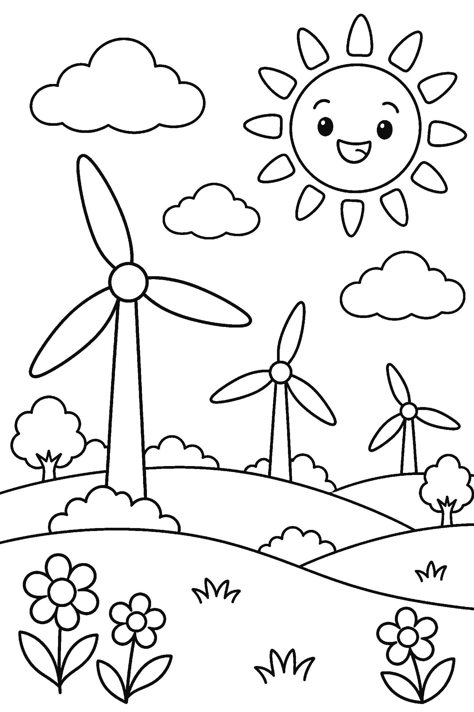 Coloring page of wind turbines and a smiling sun on hills