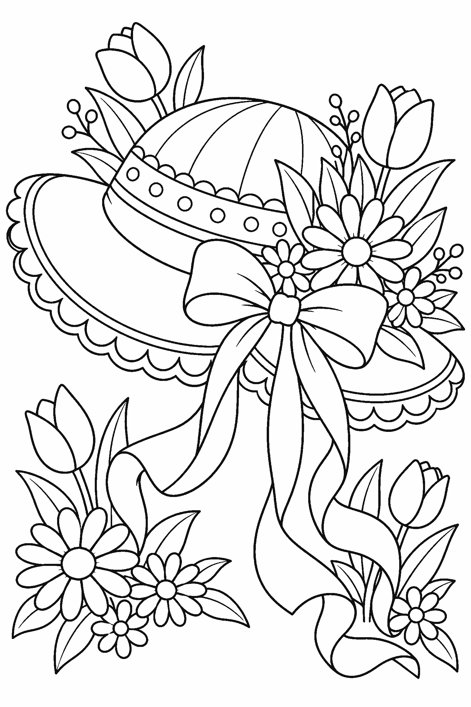 Coloring page of an Easter bonnet with ribbons and flowers