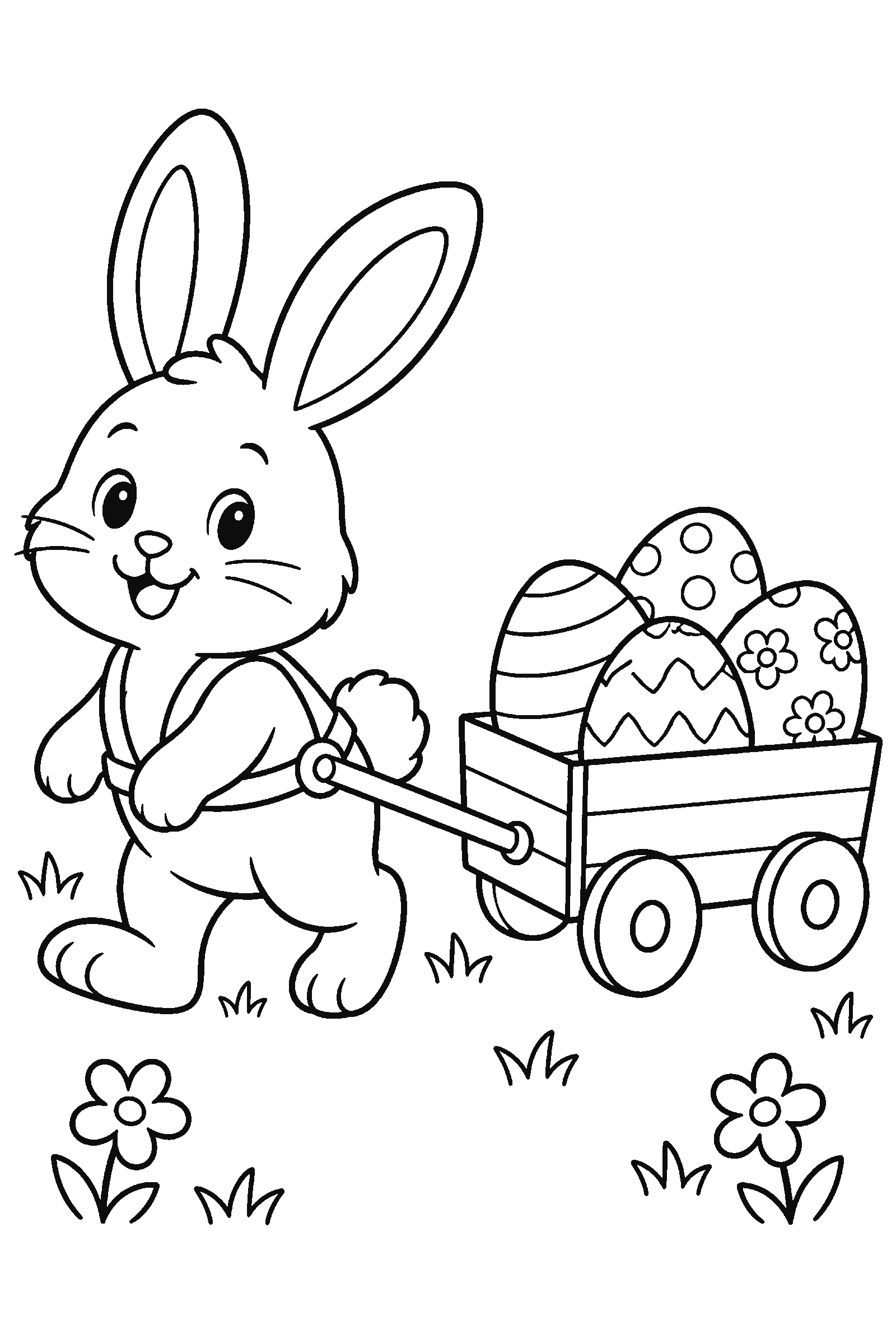 Coloring page of a bunny pulling a cart of eggs