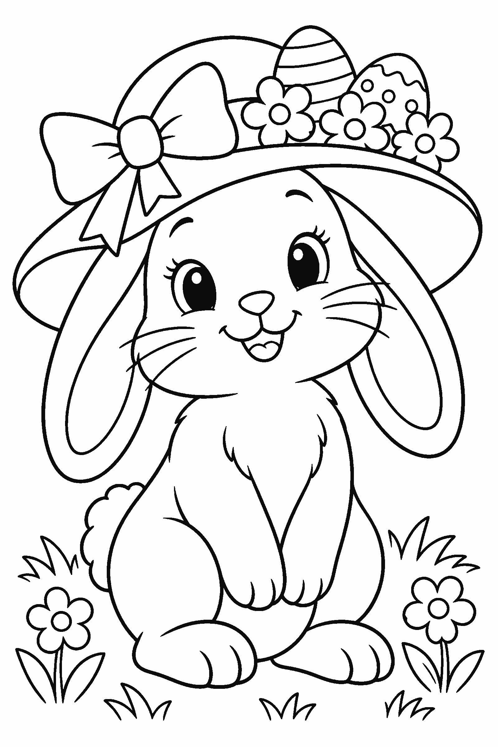 Coloring page of a bunny in an Easter bonnet