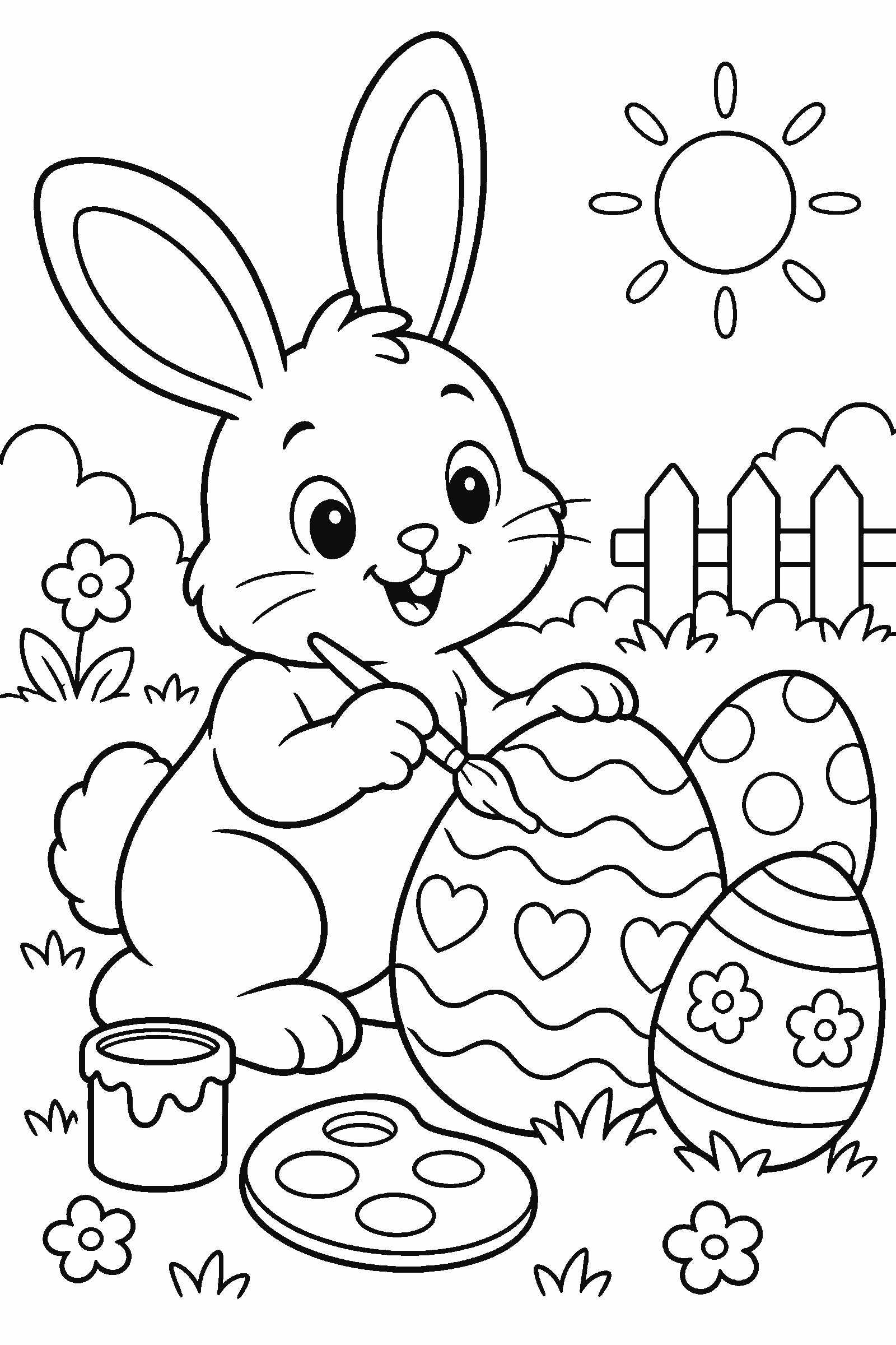 Coloring page of a bunny painting eggs