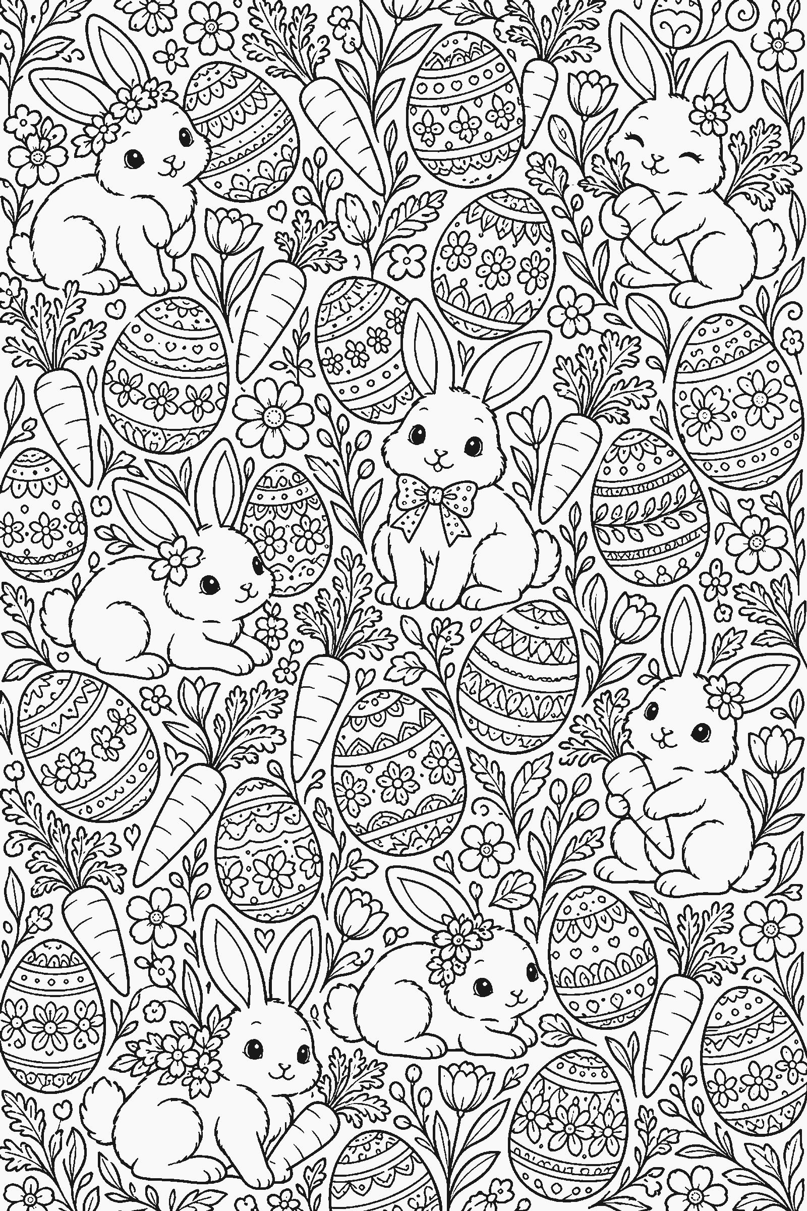 Coloring page of a full-page pattern of carrots, eggs and bunnies