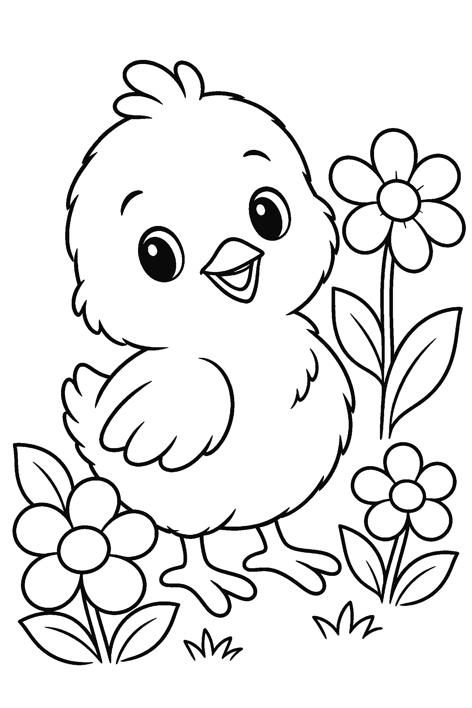 Coloring page of a chick with flowers