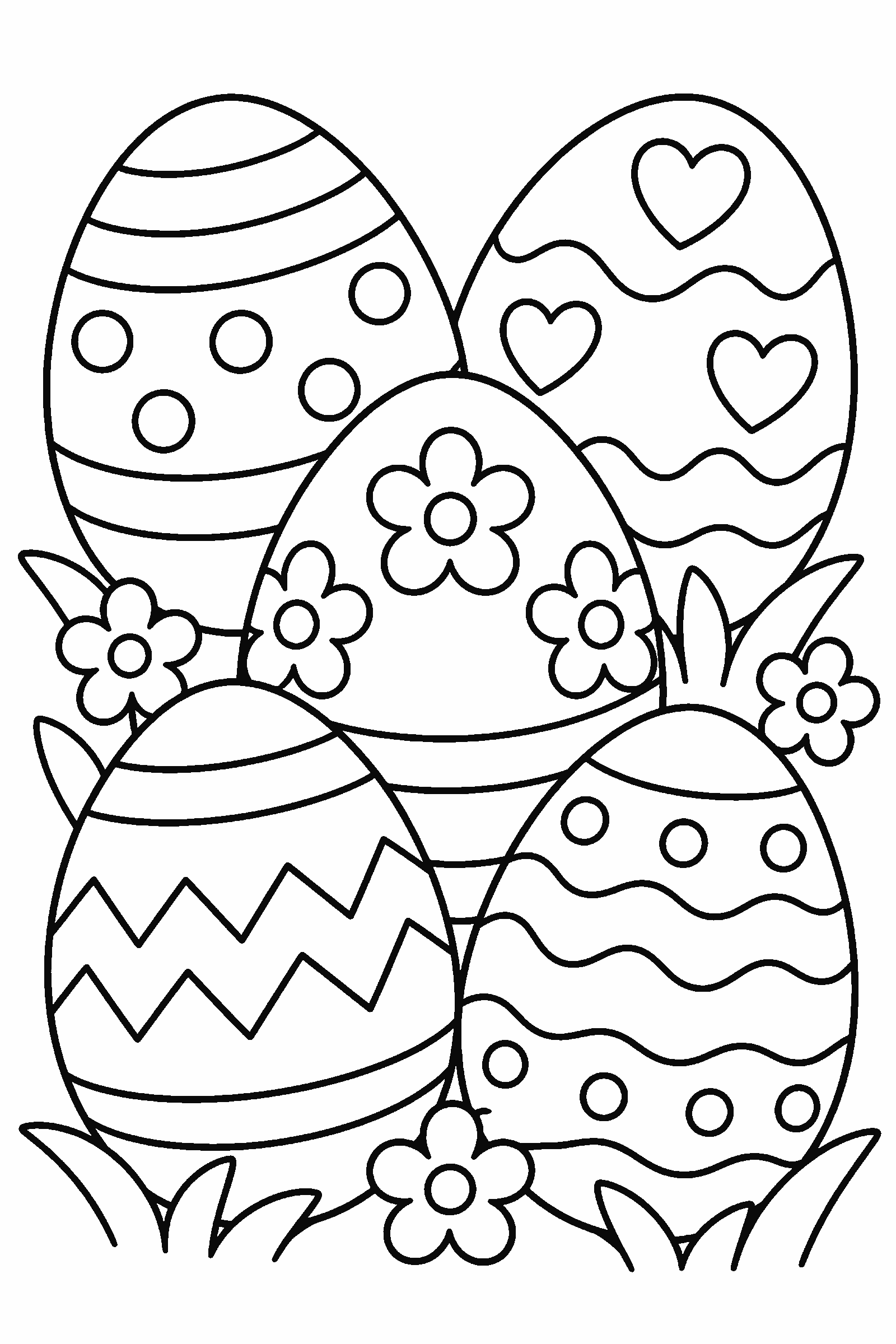 Coloring page of a collection of decorated eggs