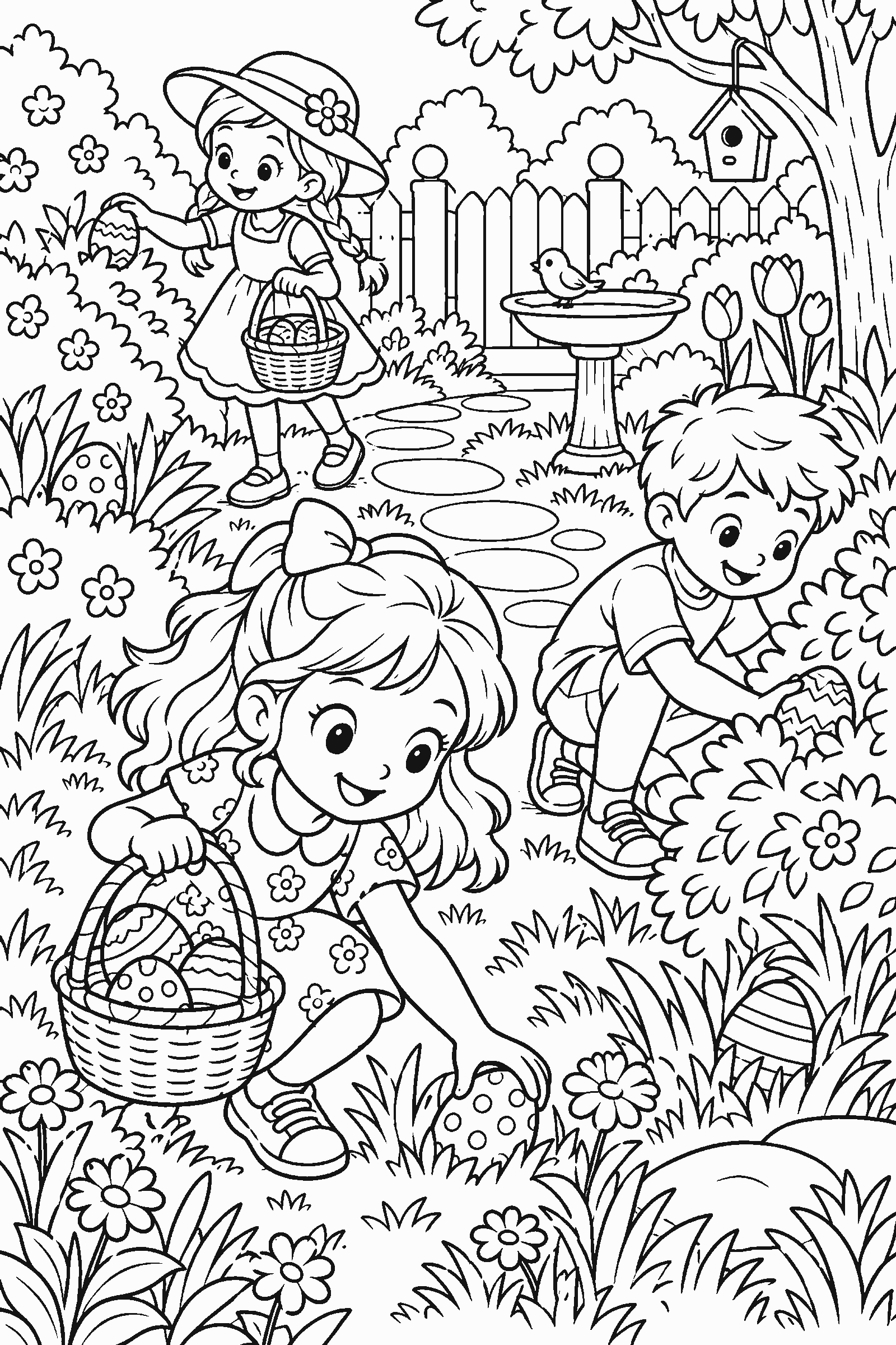 Coloring page of kids hunting for eggs in a garden