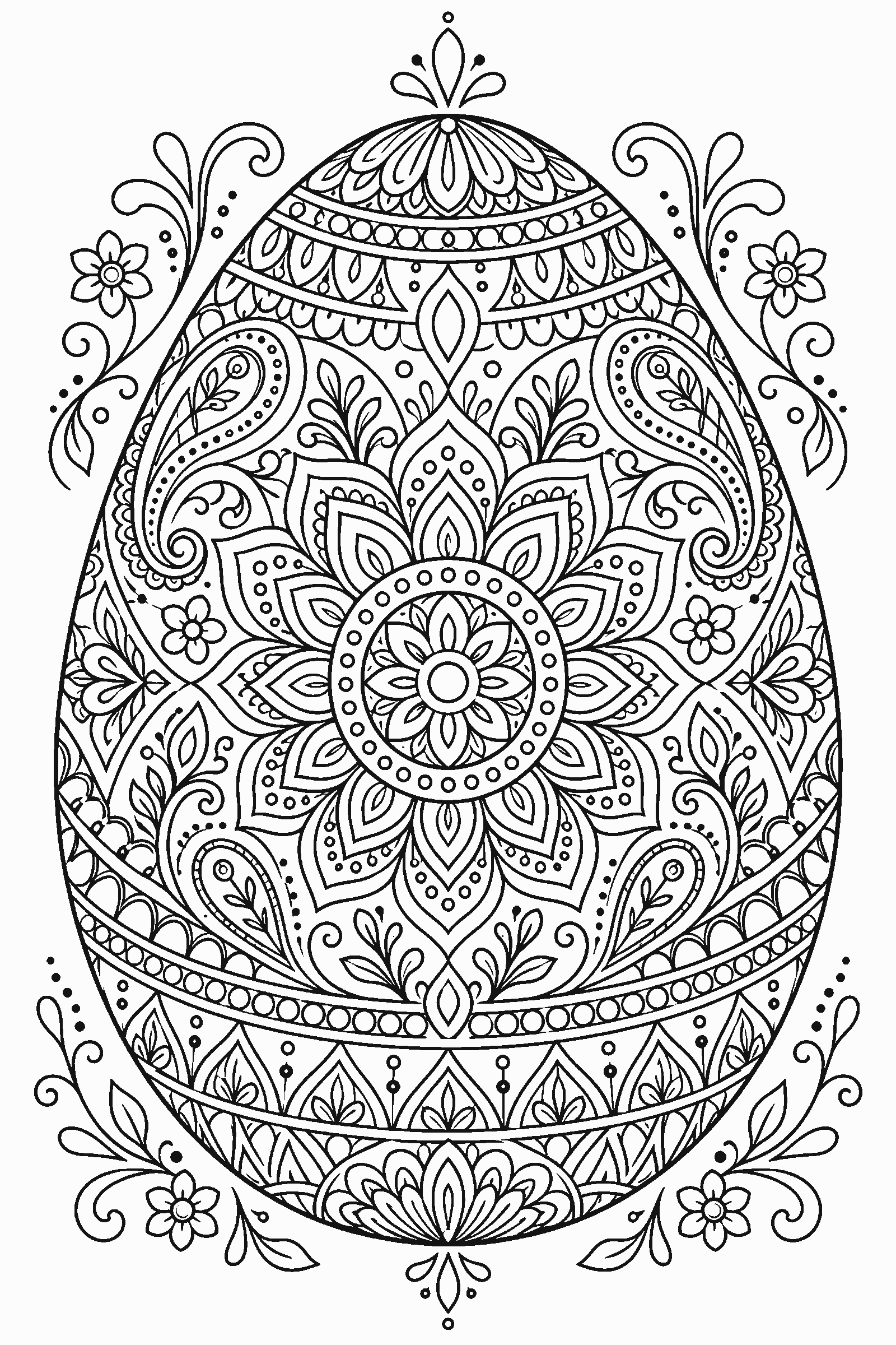 Coloring page of an egg filled with mandala patterns