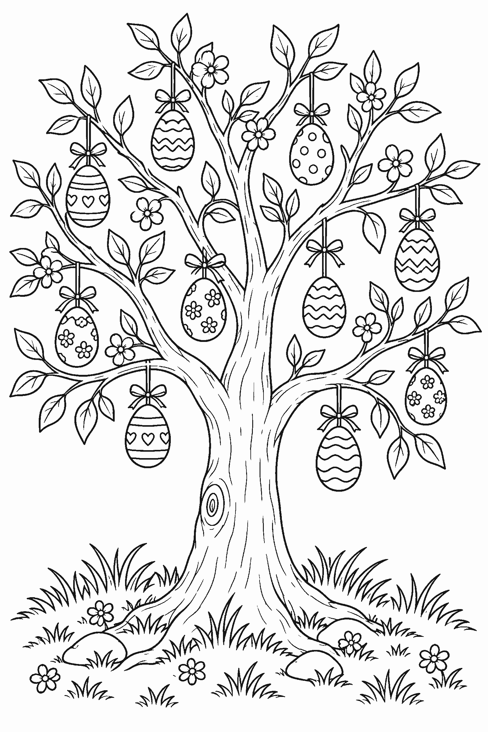 Coloring page of a tree decorated with eggs