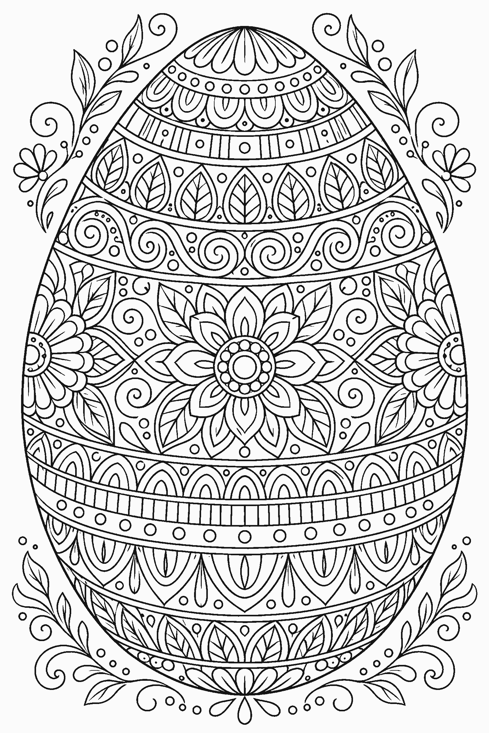 Coloring page of an egg filled with zentangle patterns