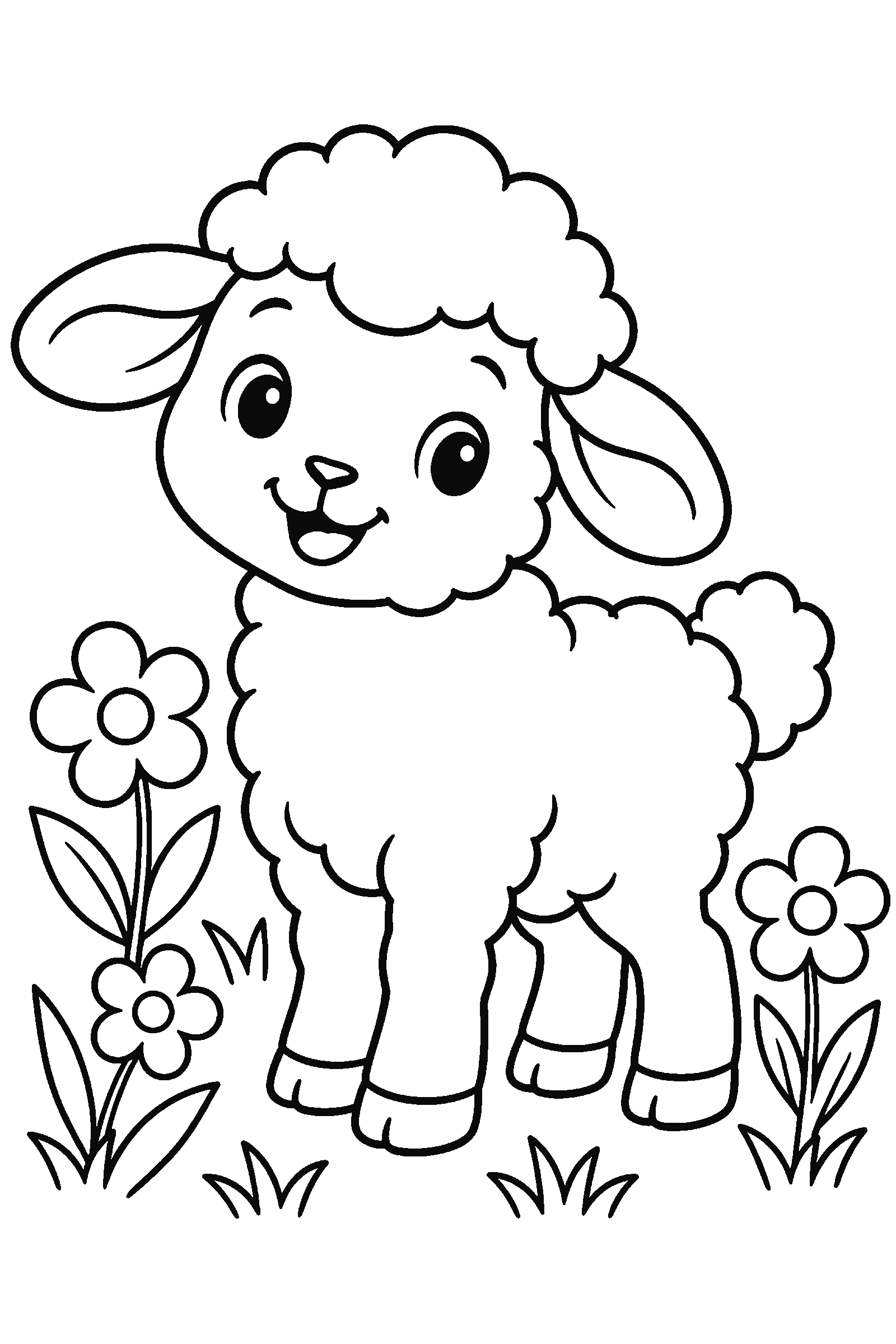 Coloring page of a lamb with spring flowers