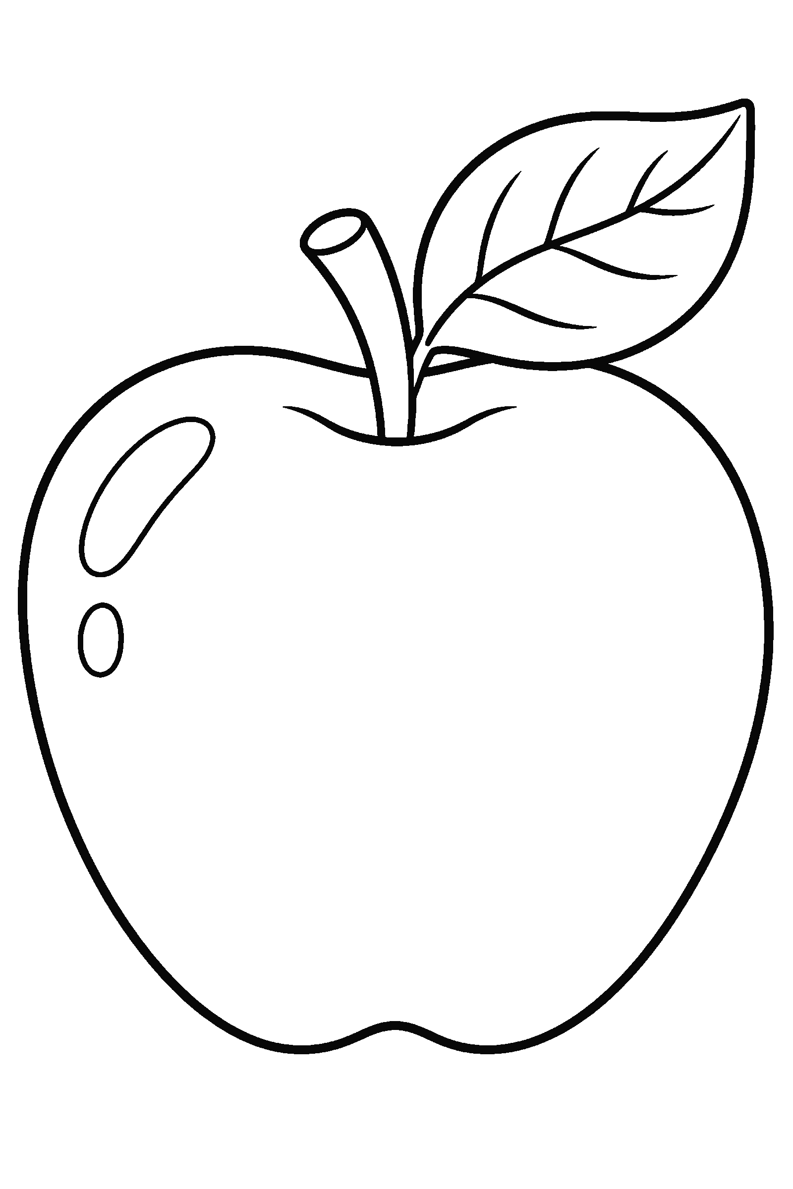 Coloring page of one big apple with a leaf