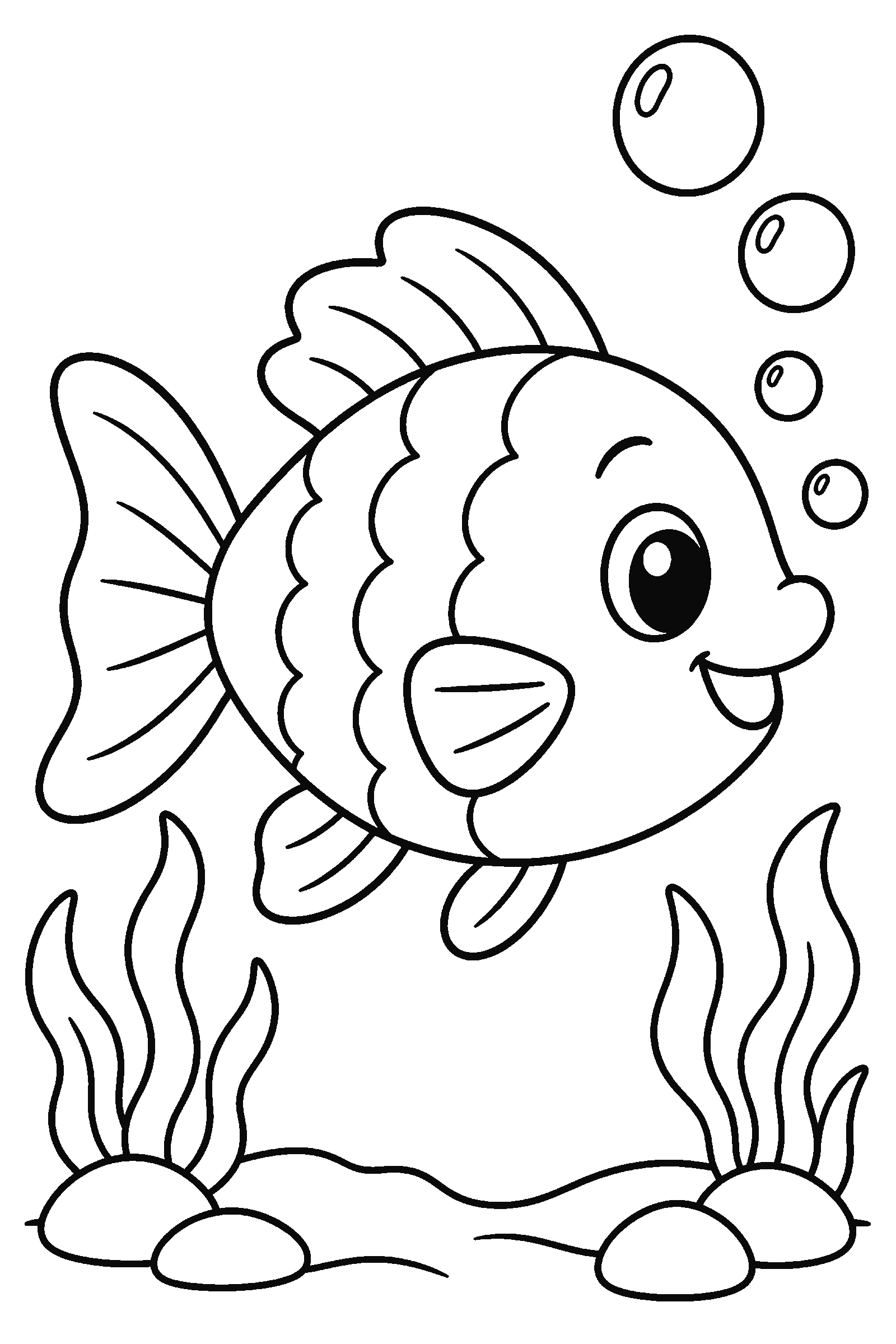 Coloring page of one big simple fish with bubbles
