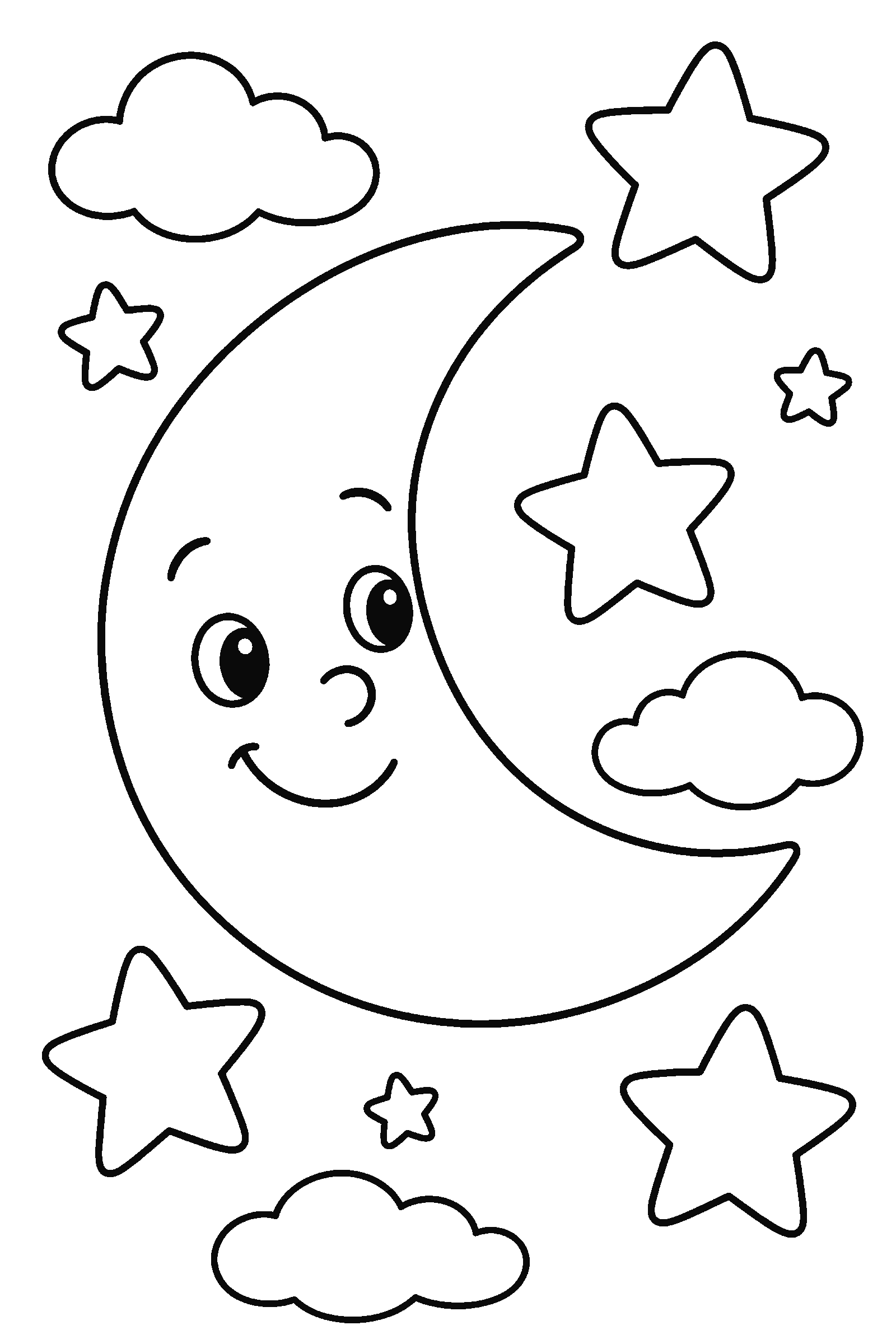 Coloring page of a big crescent moon and stars