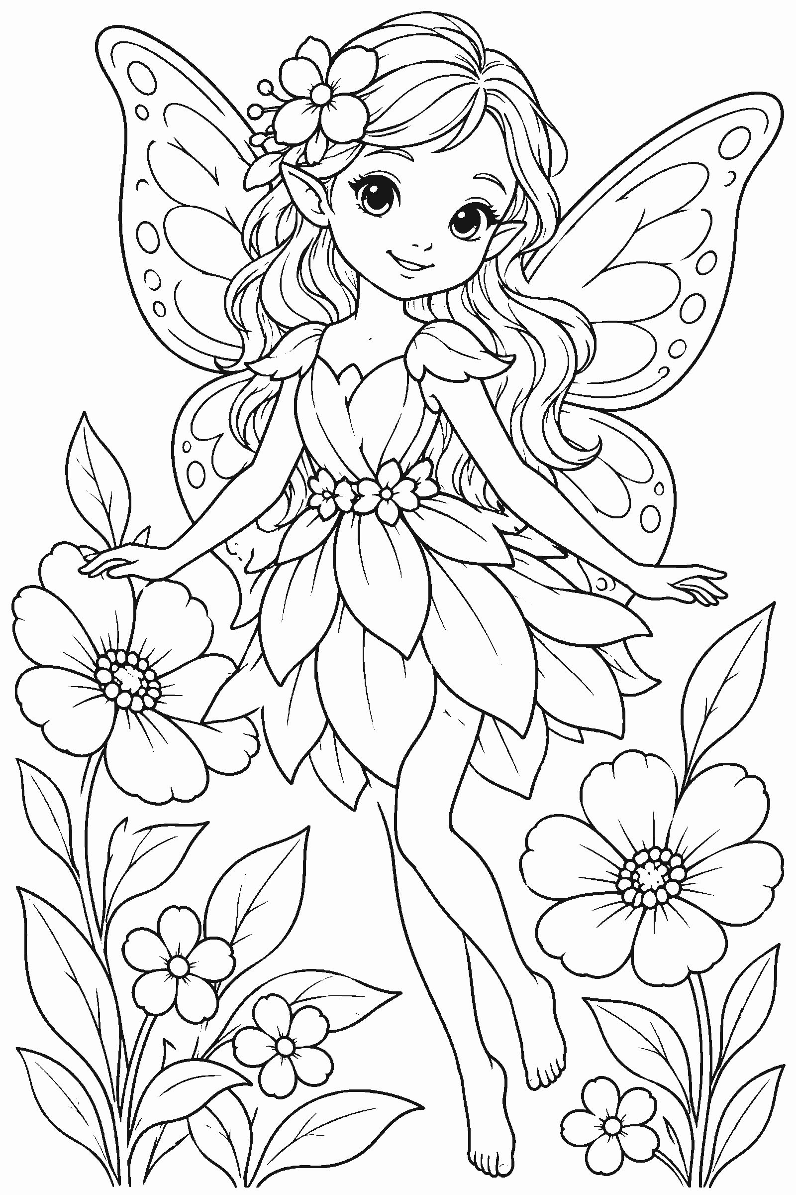 Coloring page of a flower fairy with petal dress