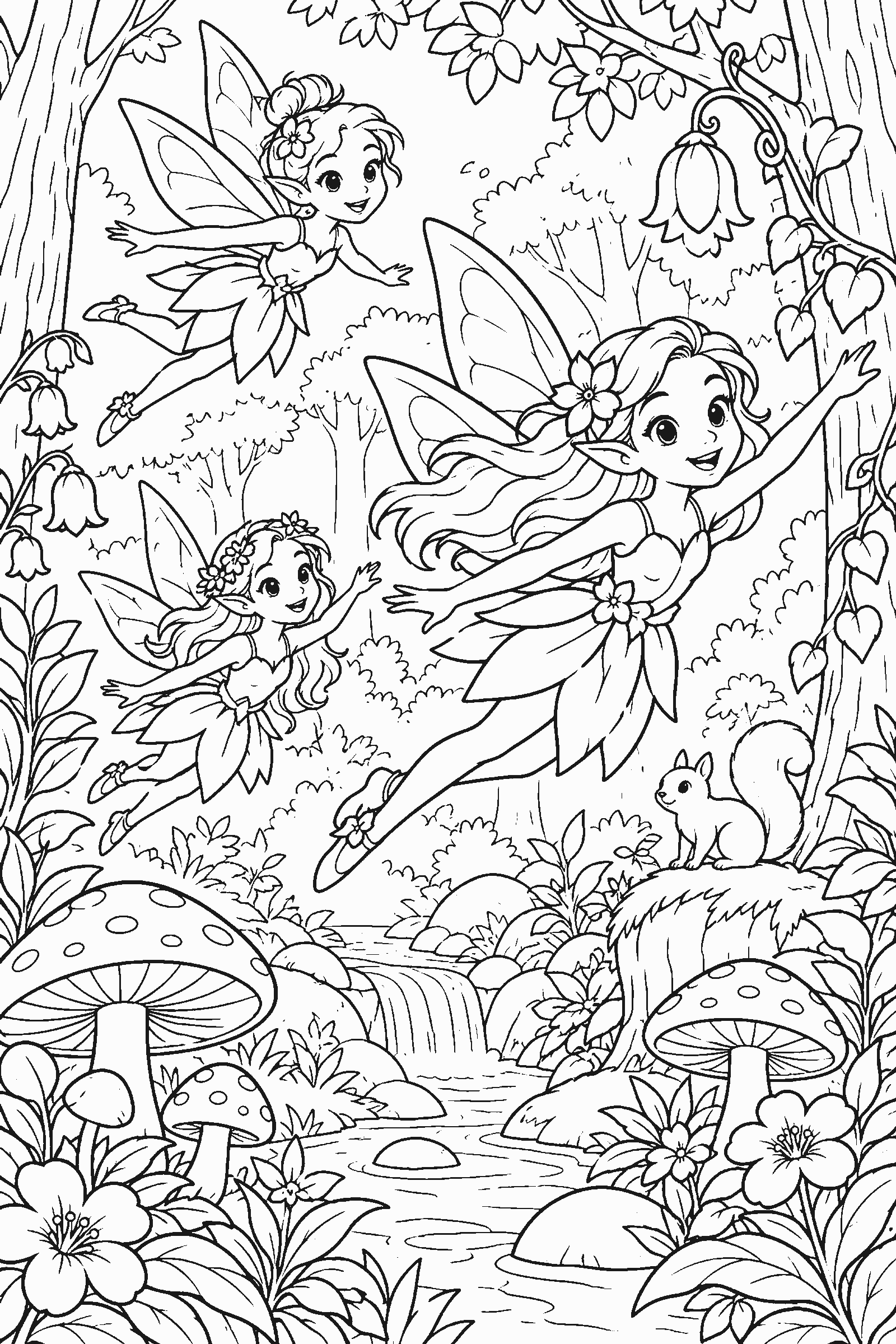 Coloring page of fairies flying in an enchanted forest