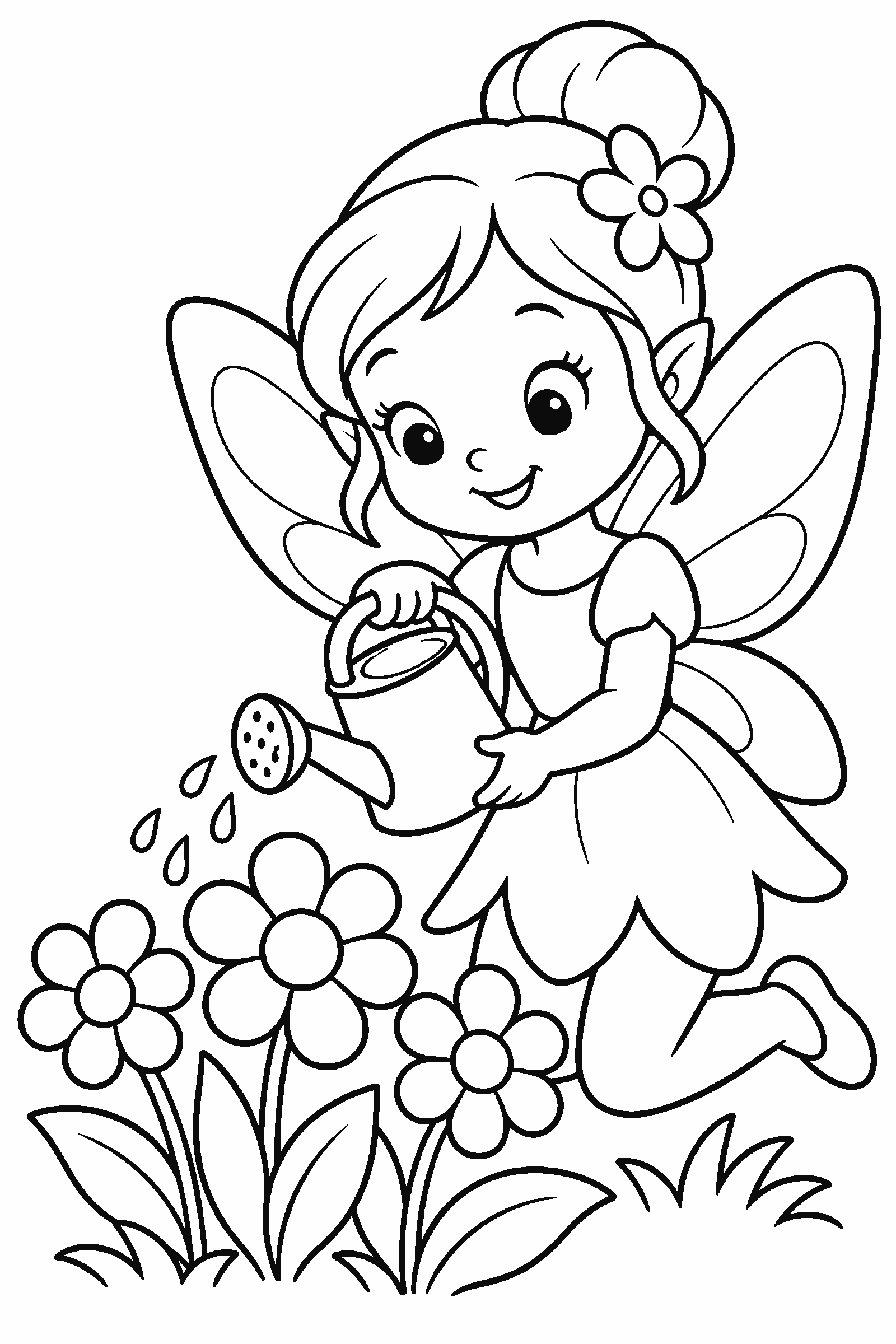 Coloring page of a fairy watering flowers