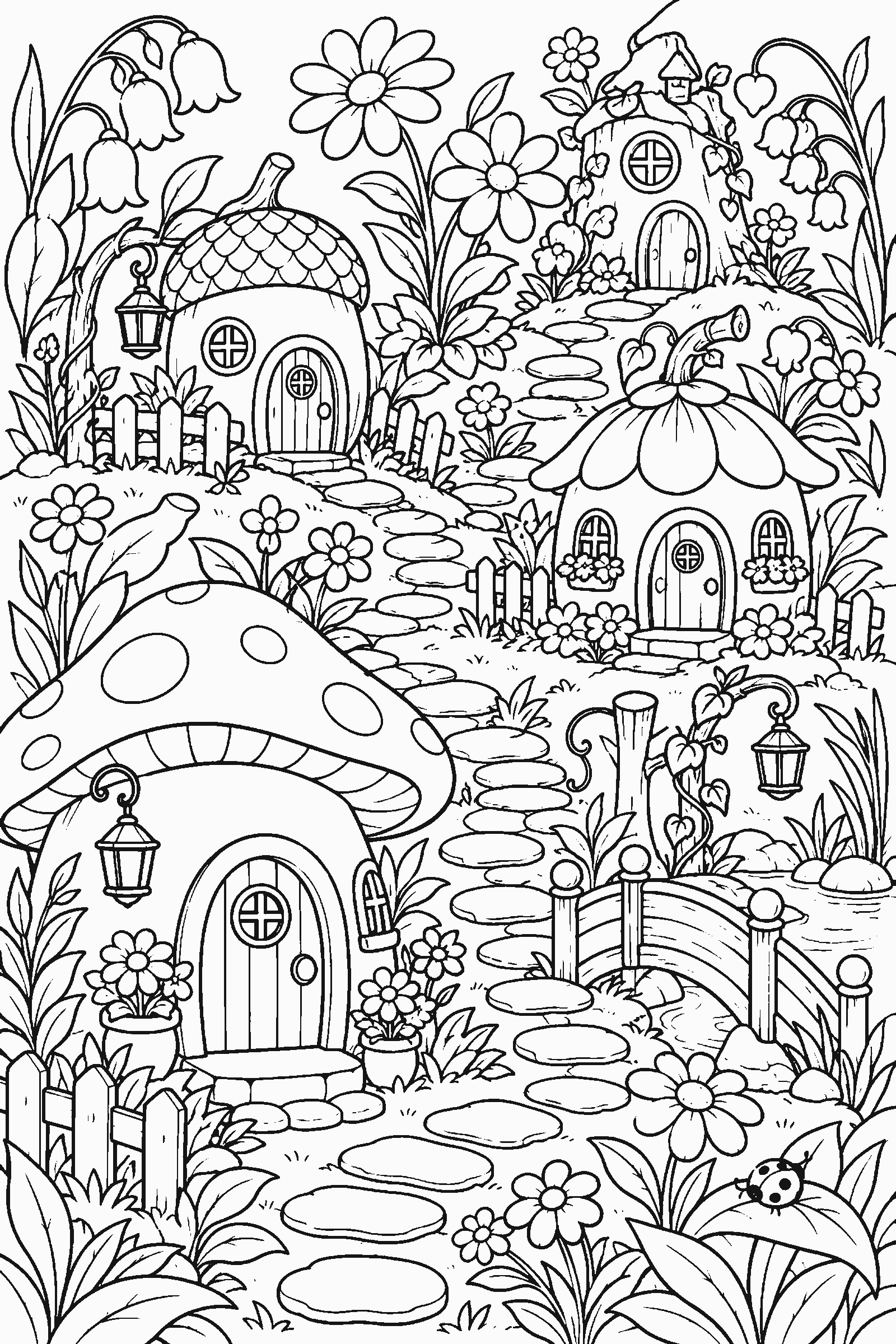 Coloring page of a fairy garden with tiny houses and flowers