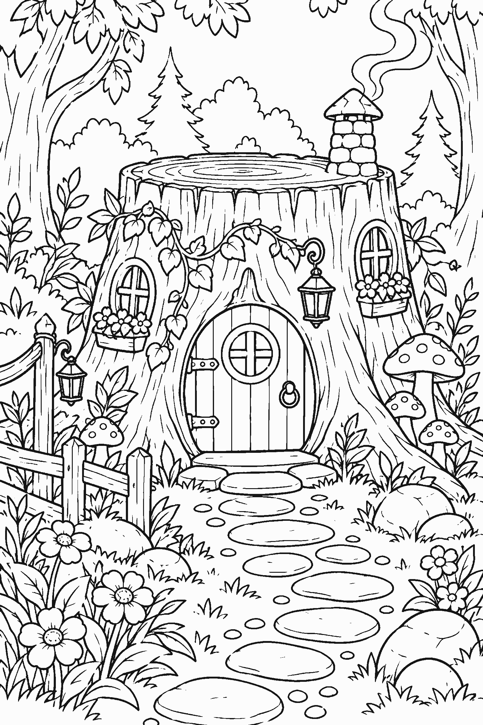 Coloring page of a fairy house in a tree stump