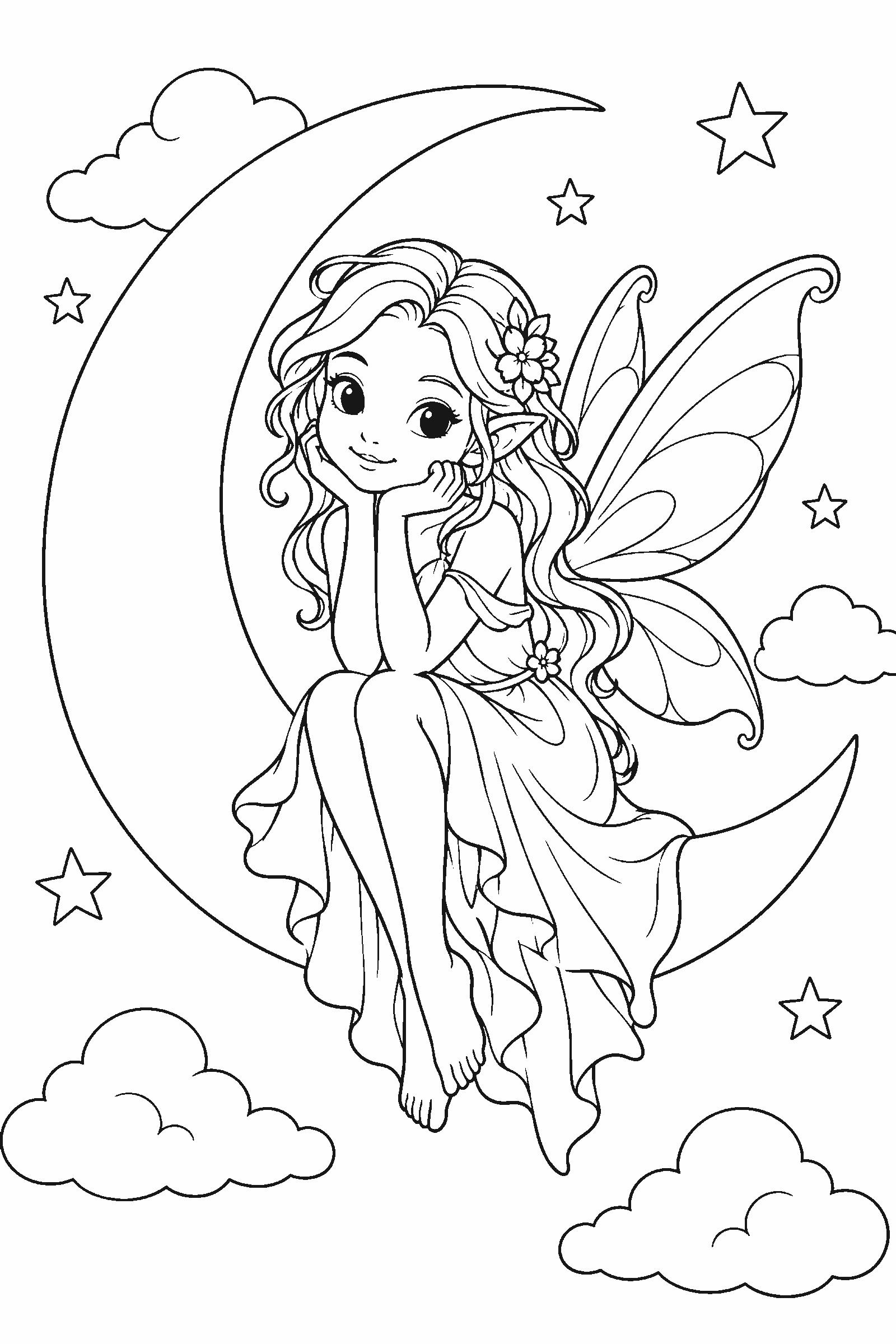 Coloring page of a fairy sitting on a crescent moon