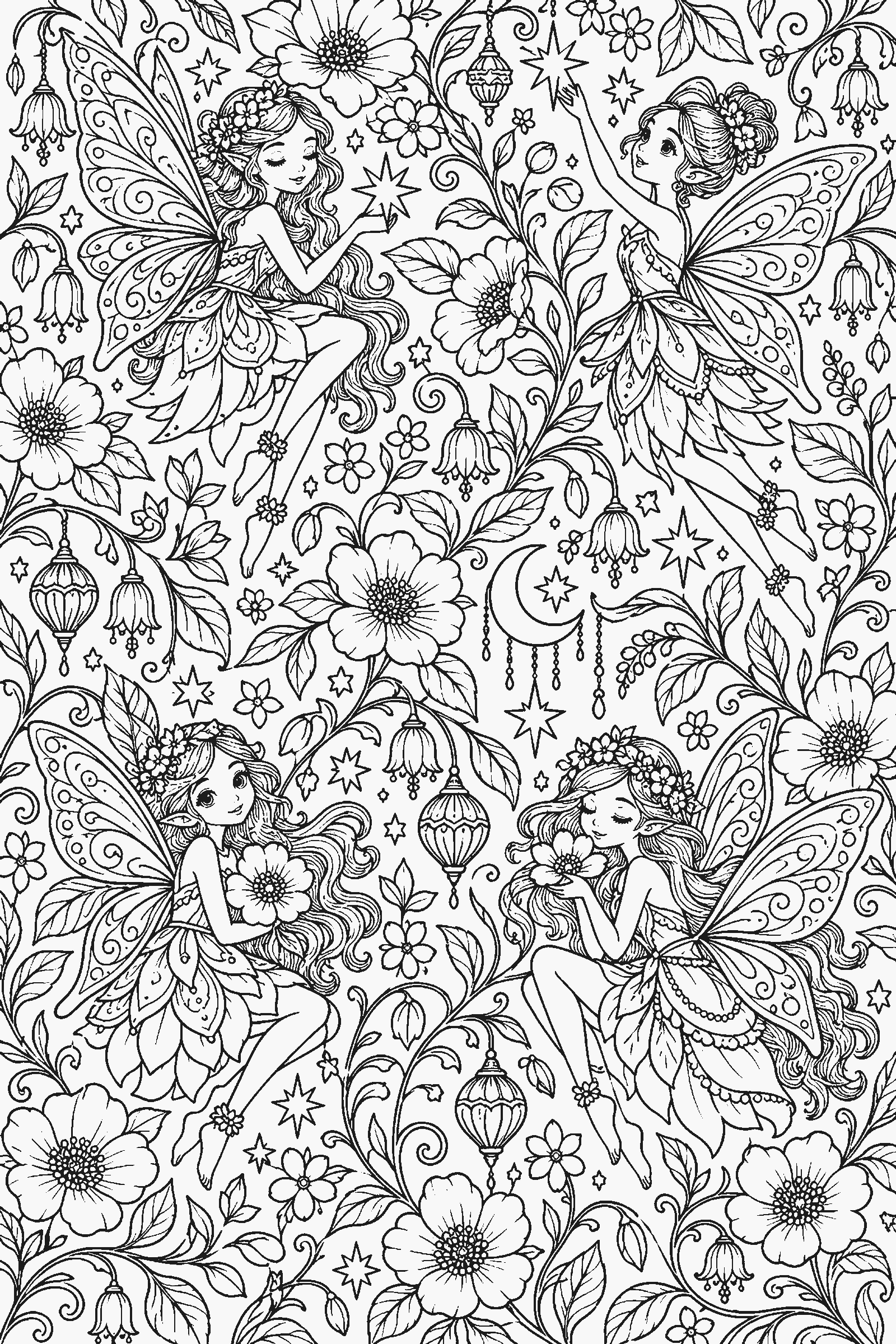 Coloring page of a full-page pattern of fairies, stars and flowers