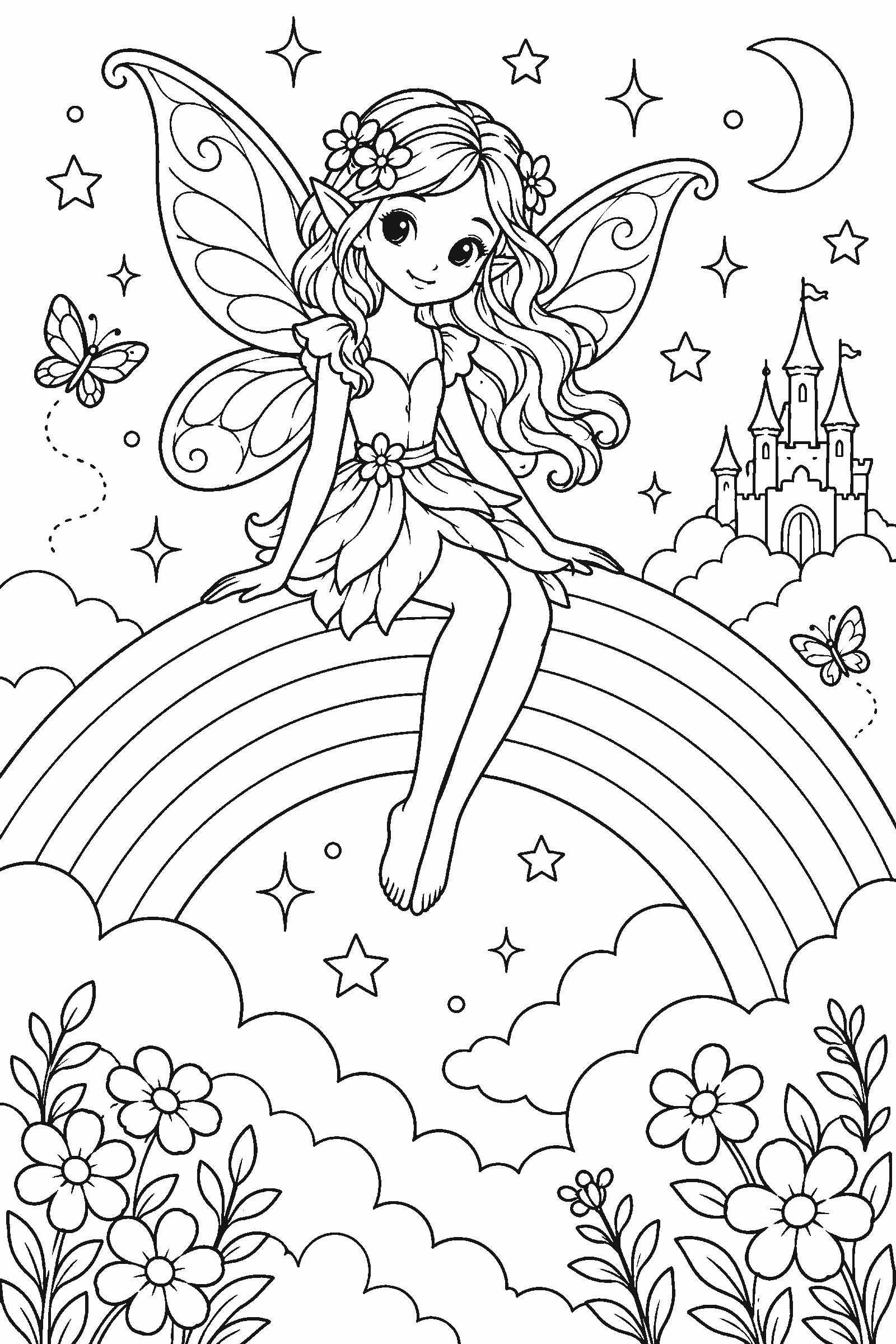 Coloring page of a fairy on a rainbow