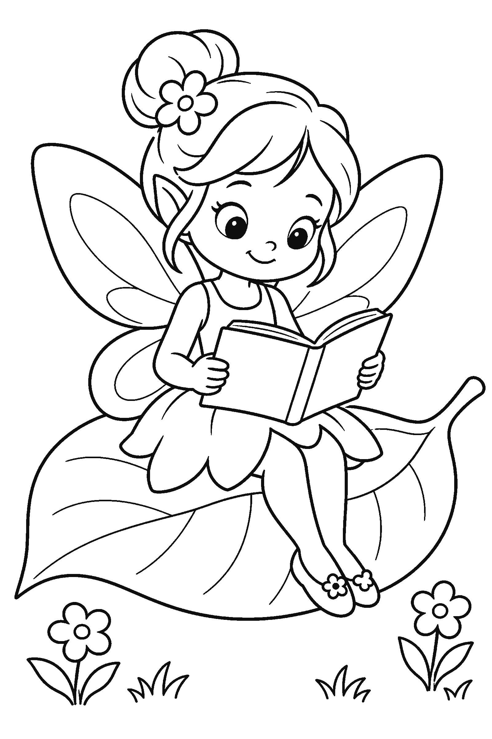 Coloring page of a fairy reading a book on a leaf