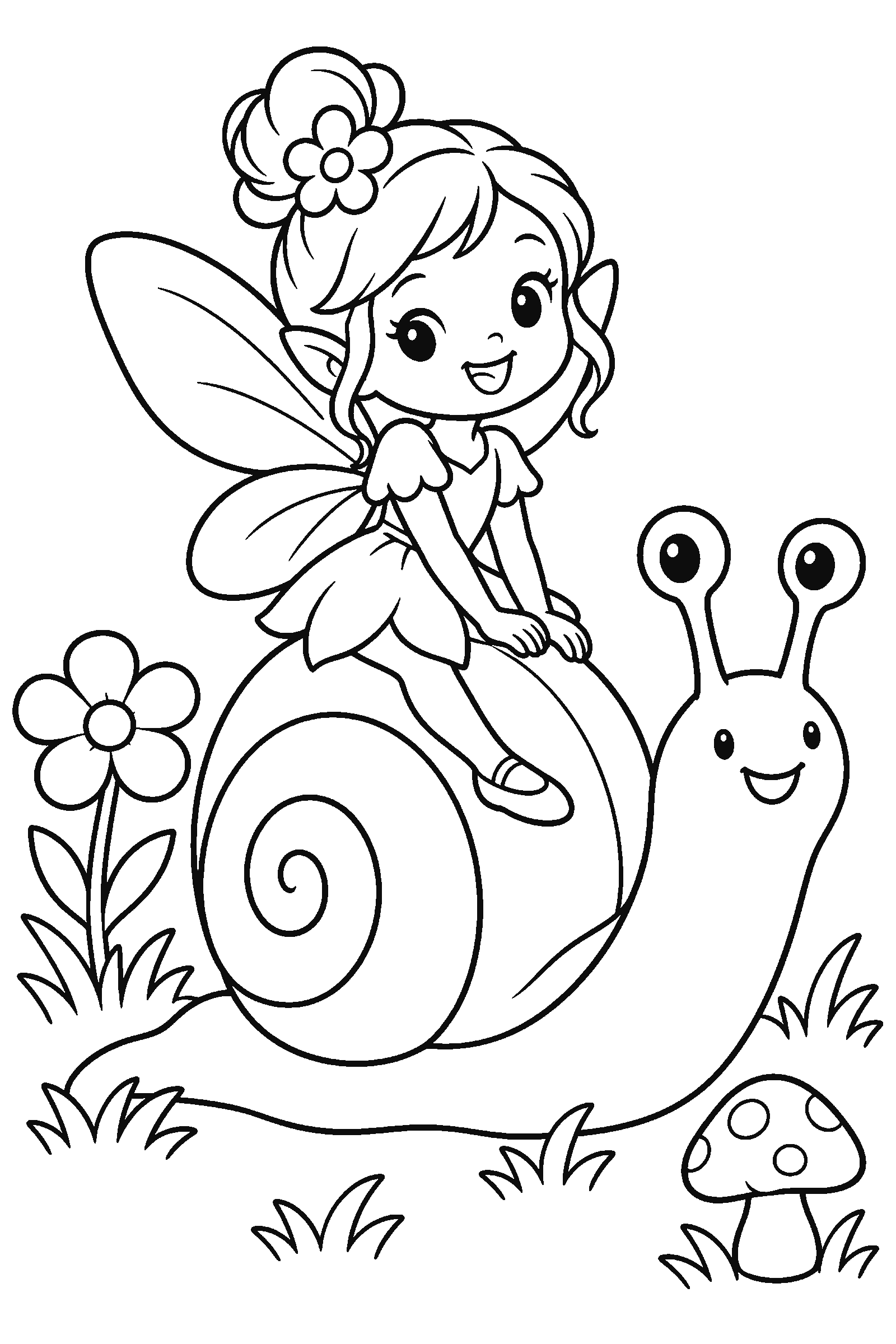 Coloring page of a fairy riding a snail