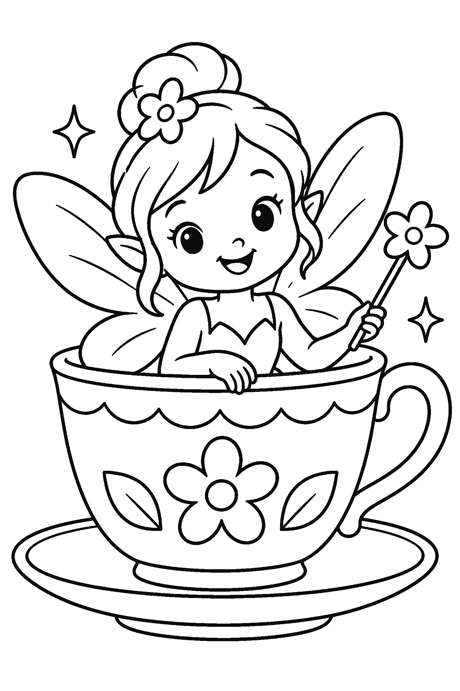 Coloring page of a fairy in a teacup