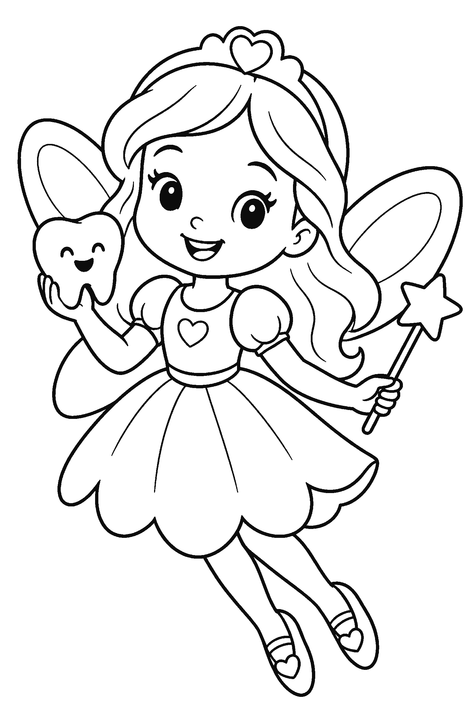 Coloring page of a tooth fairy with a little tooth