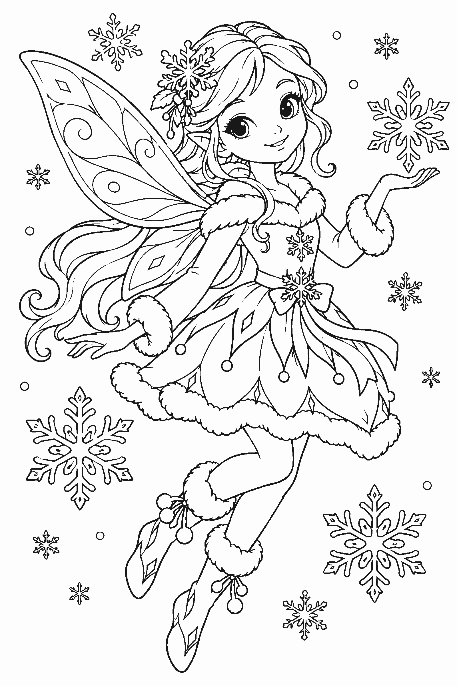 Coloring page of a winter fairy with snowflakes
