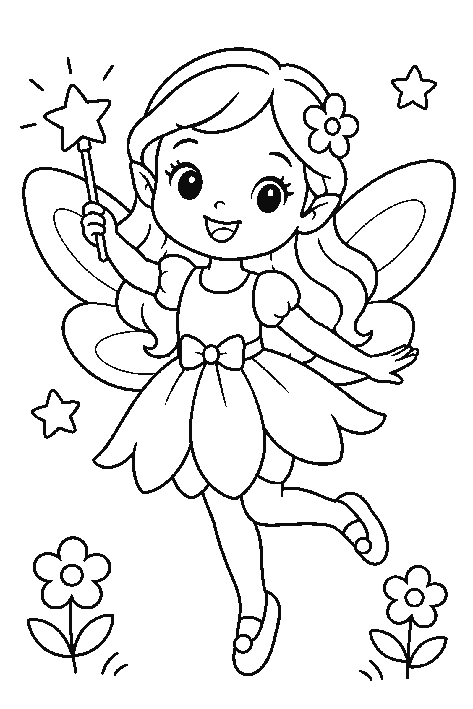 Coloring page of a cute fairy holding a magic wand