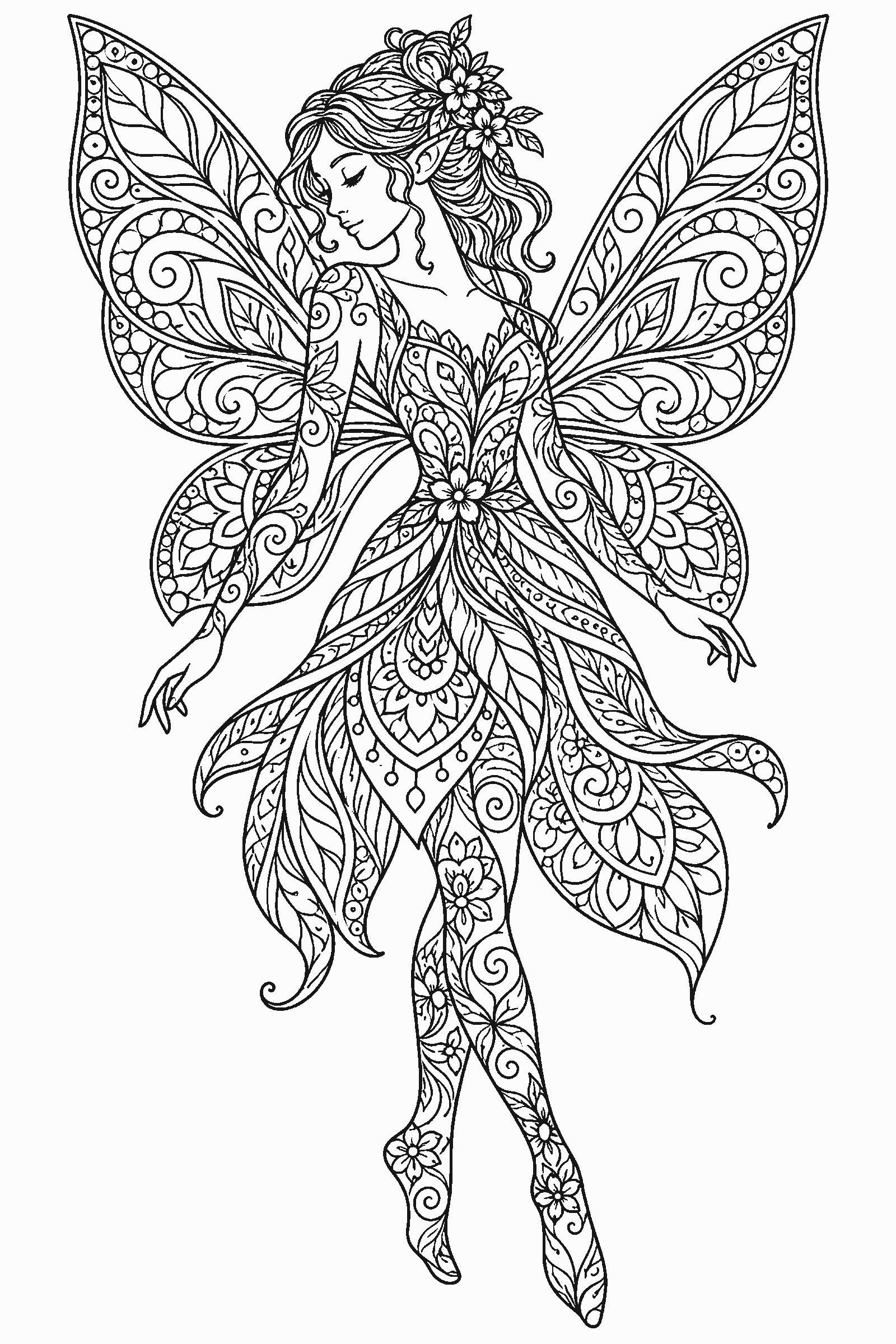Coloring page of a fairy silhouette filled with zentangle patterns