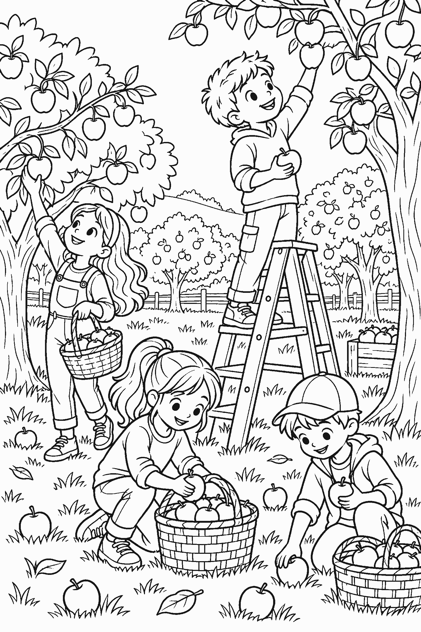 Coloring page of kids picking apples in an orchard