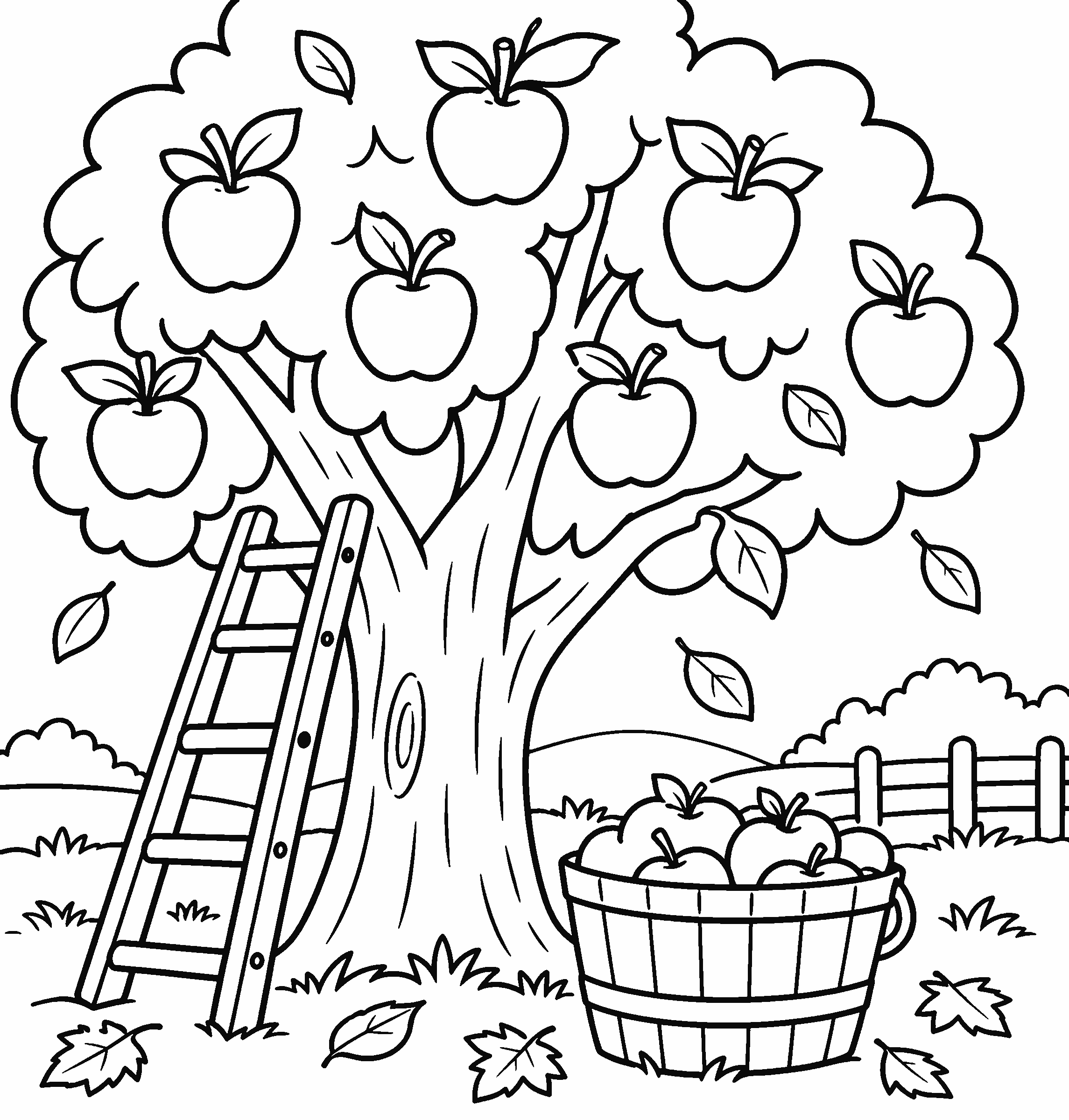 Coloring page of an apple tree with a ladder, a basket of apples and falling leaves