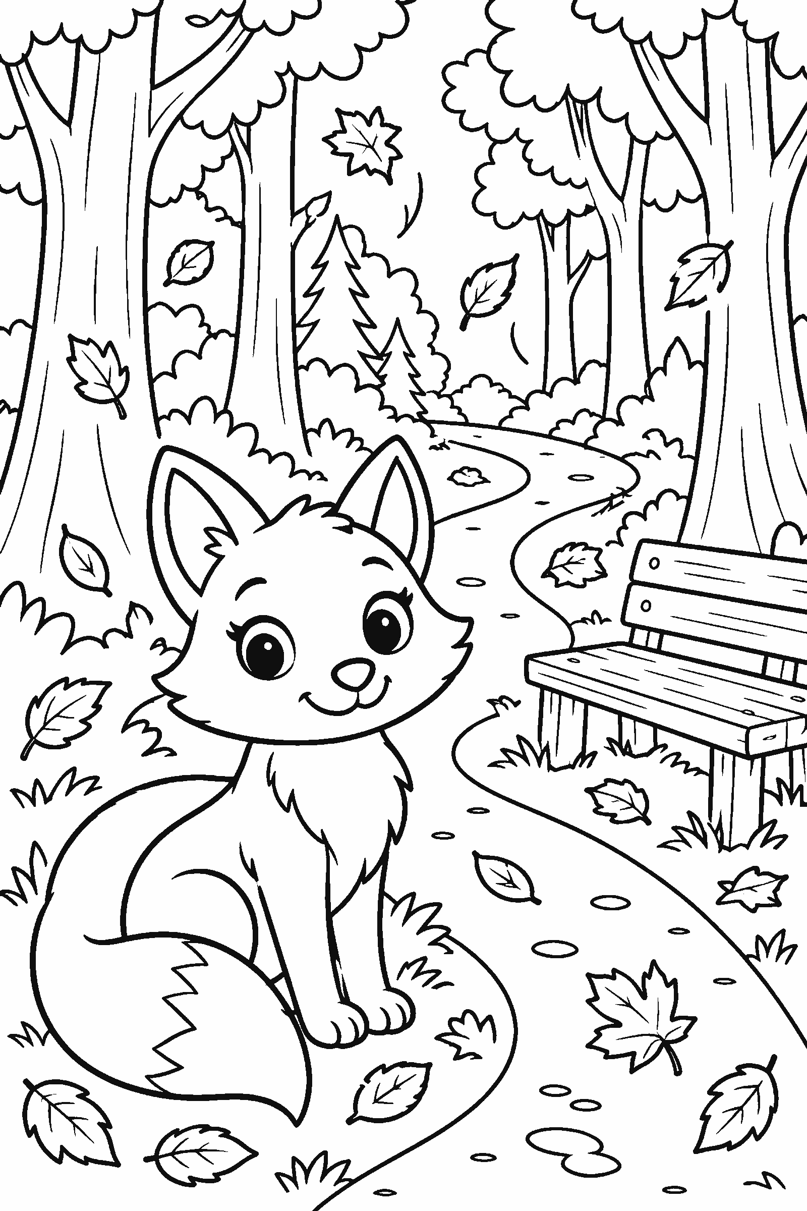 Coloring page of a forest path with tall trees, falling leaves, a fox and a wooden bench