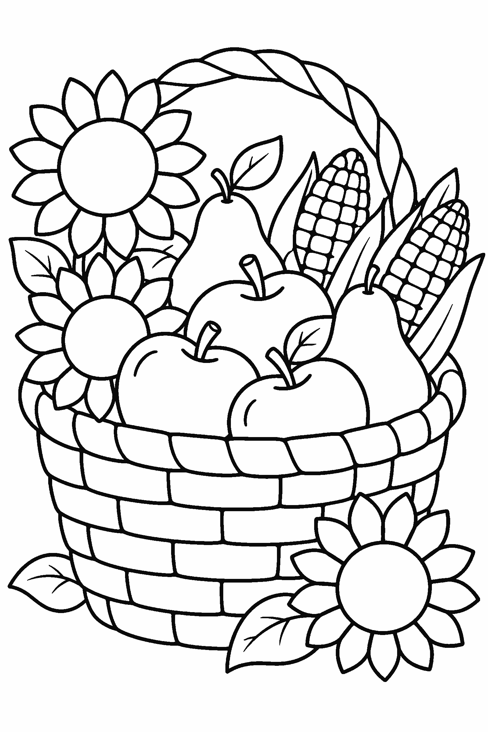 Coloring page of a woven harvest basket with apples, pears, corn and sunflowers