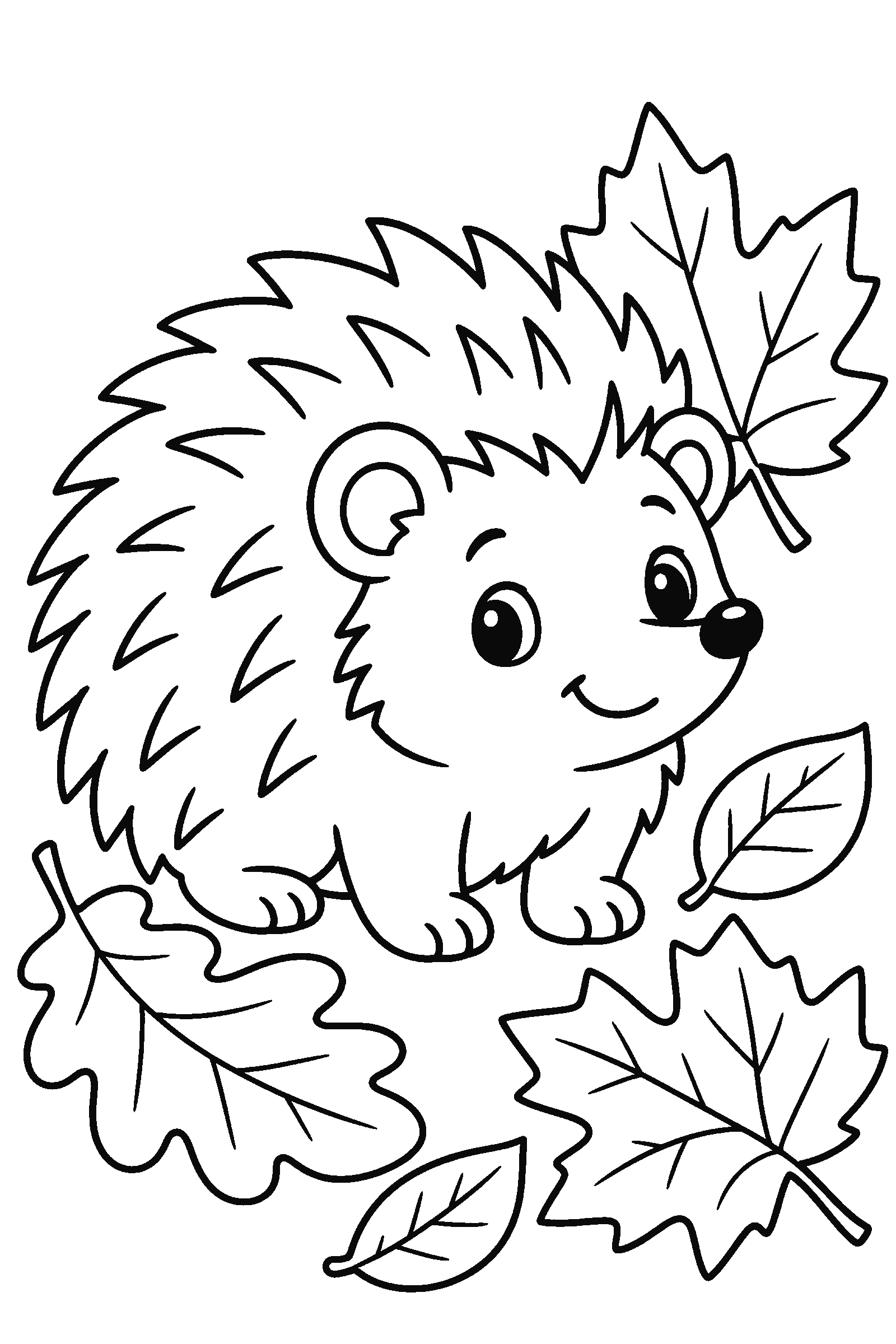 Coloring page of a hedgehog among fall leaves