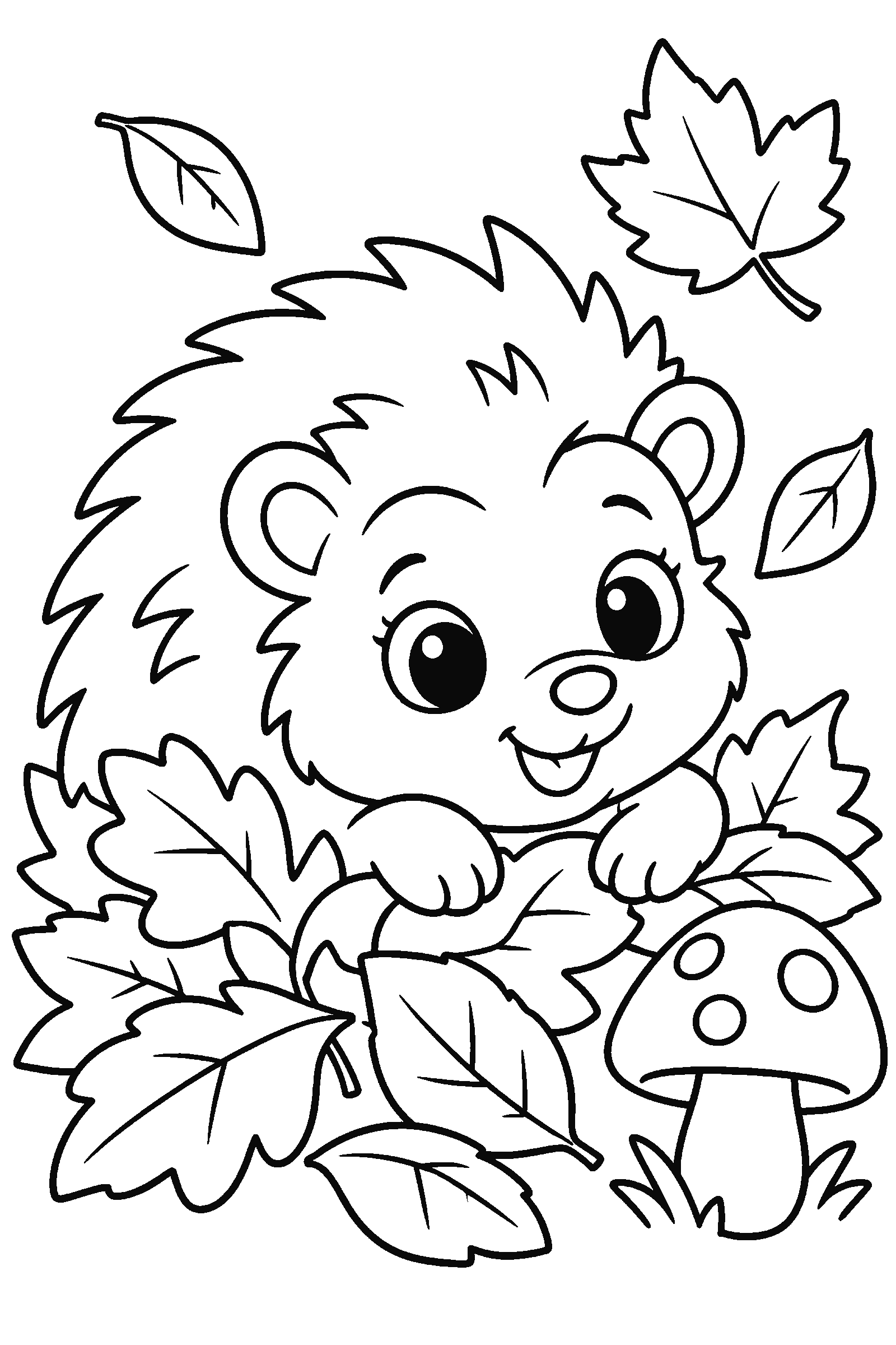 Coloring page of a hedgehog playing in a pile of autumn leaves with a mushroom