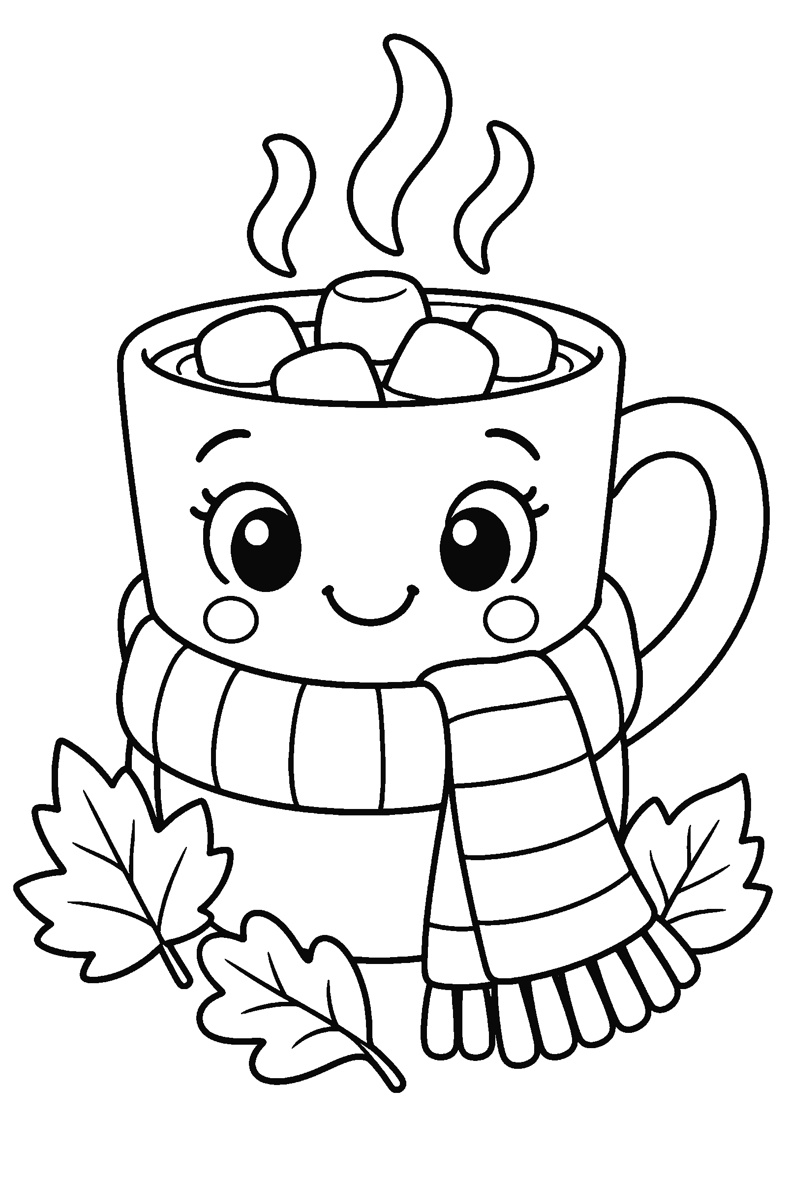 Coloring page of a cozy mug of hot cocoa with marshmallows, a knitted scarf and autumn leaves
