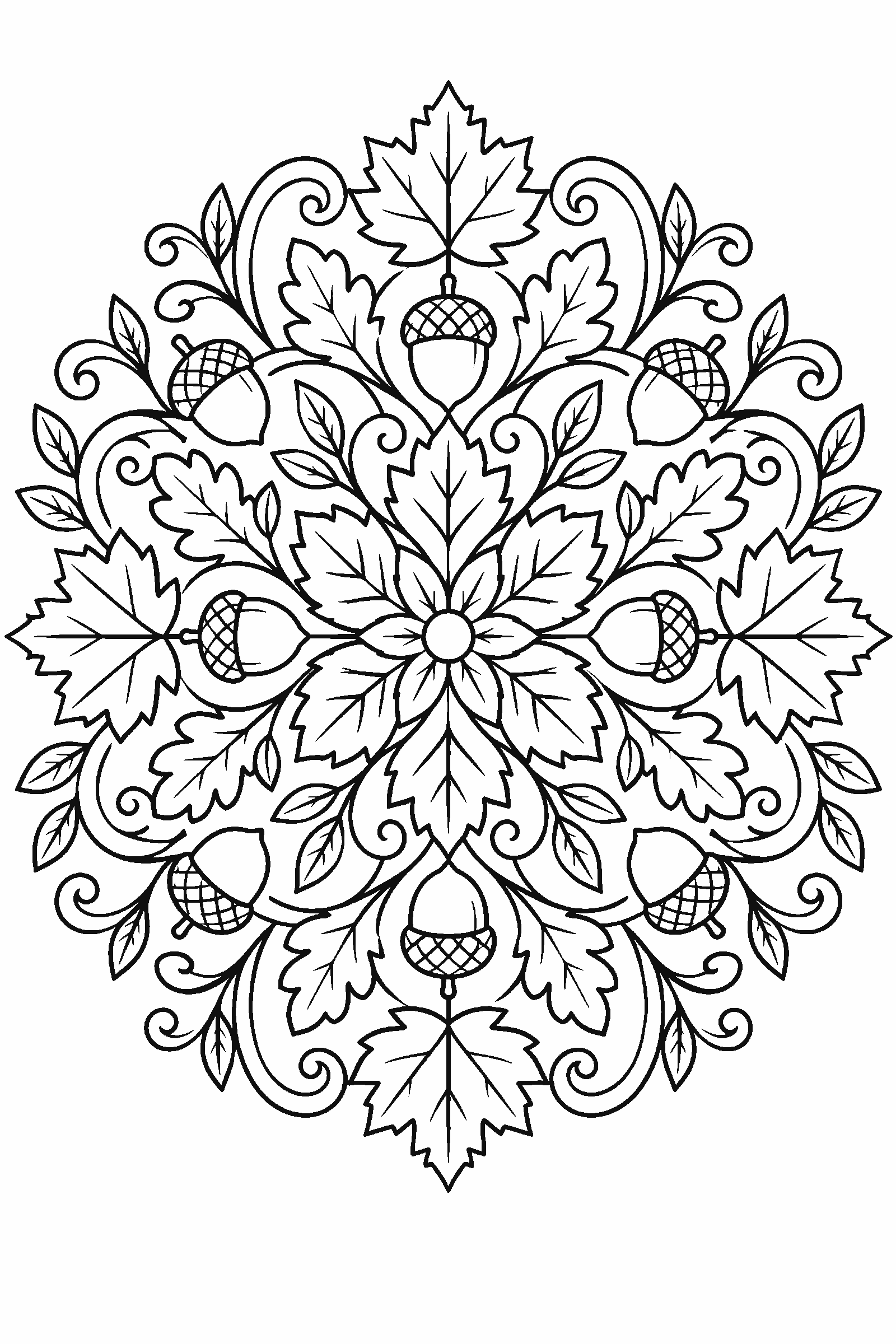 Detailed autumn mandala coloring page made of maple leaves, oak leaves, acorns and swirls