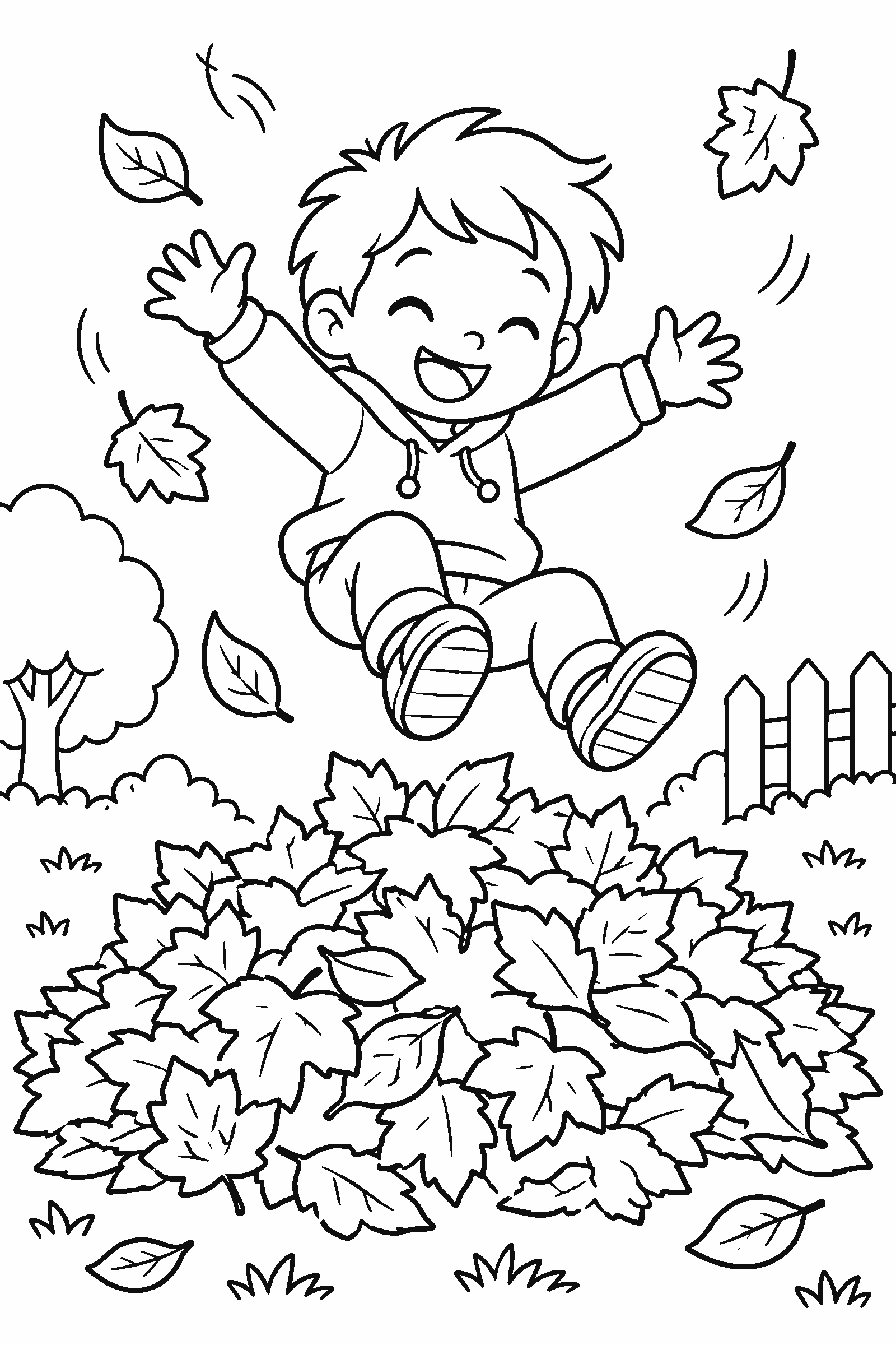 Coloring page of a kid jumping into a pile of leaves