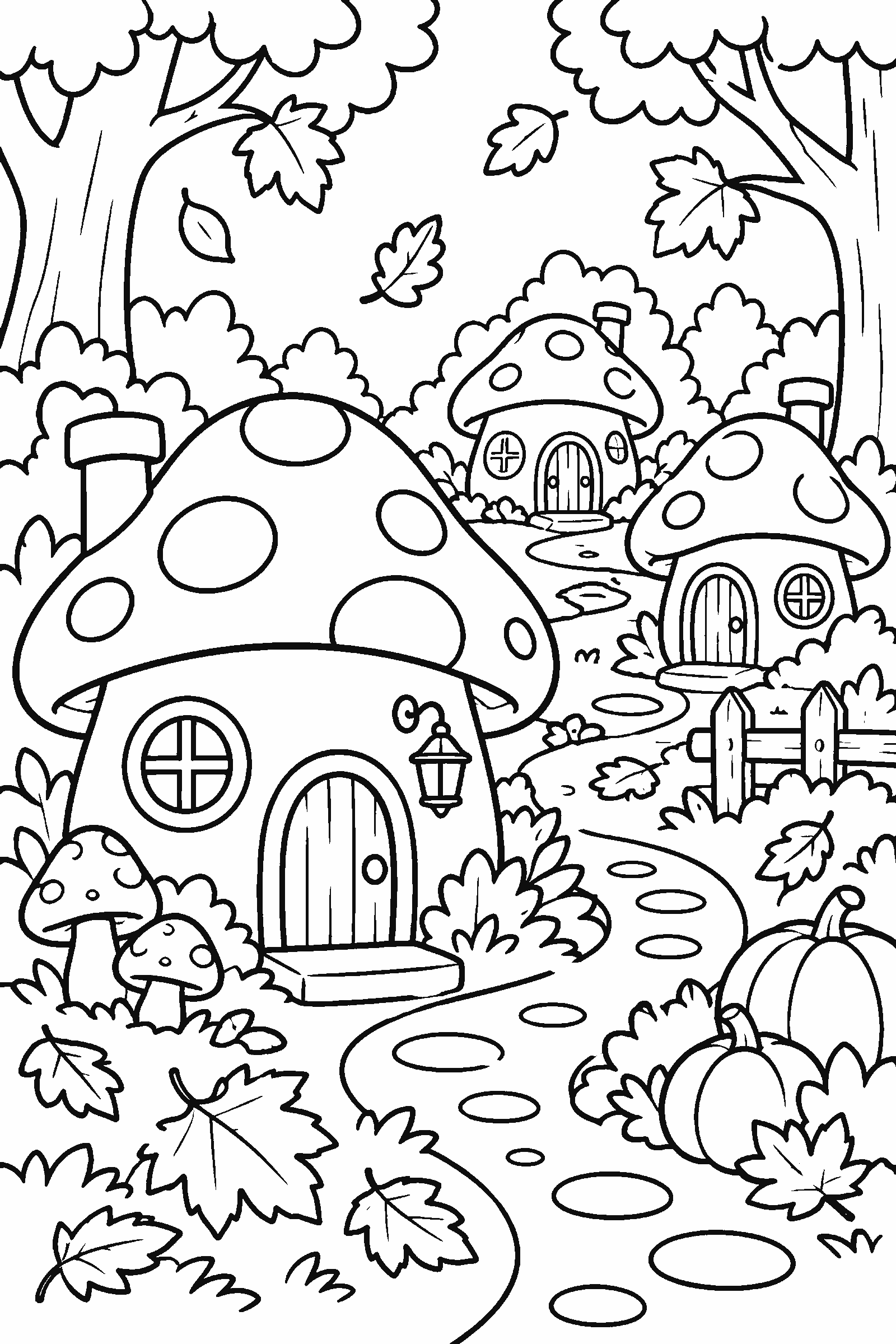 Coloring page of tiny mushroom houses in the forest with autumn leaves and a little path