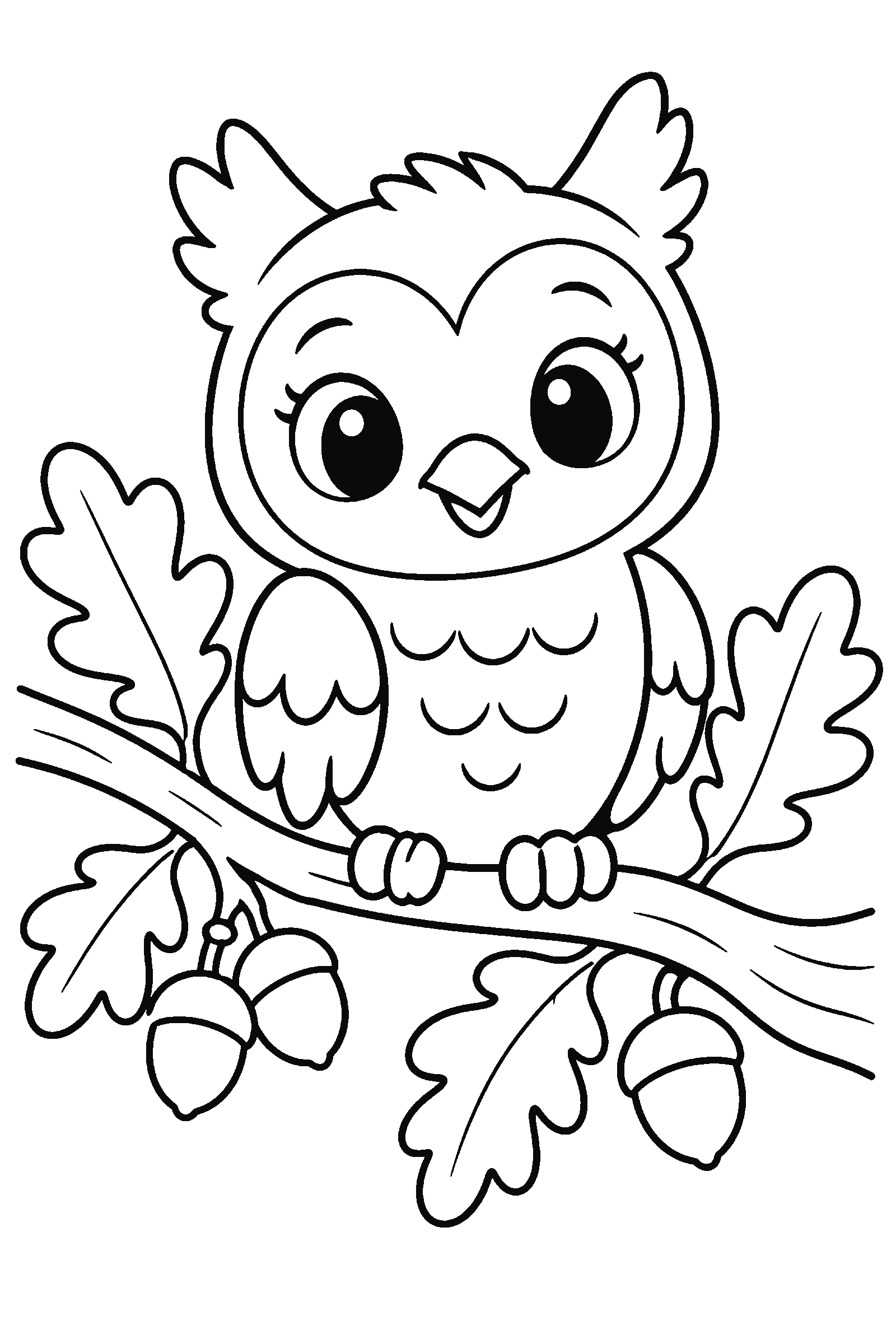 Coloring page of a cute owl sitting on a branch with oak leaves and acorns