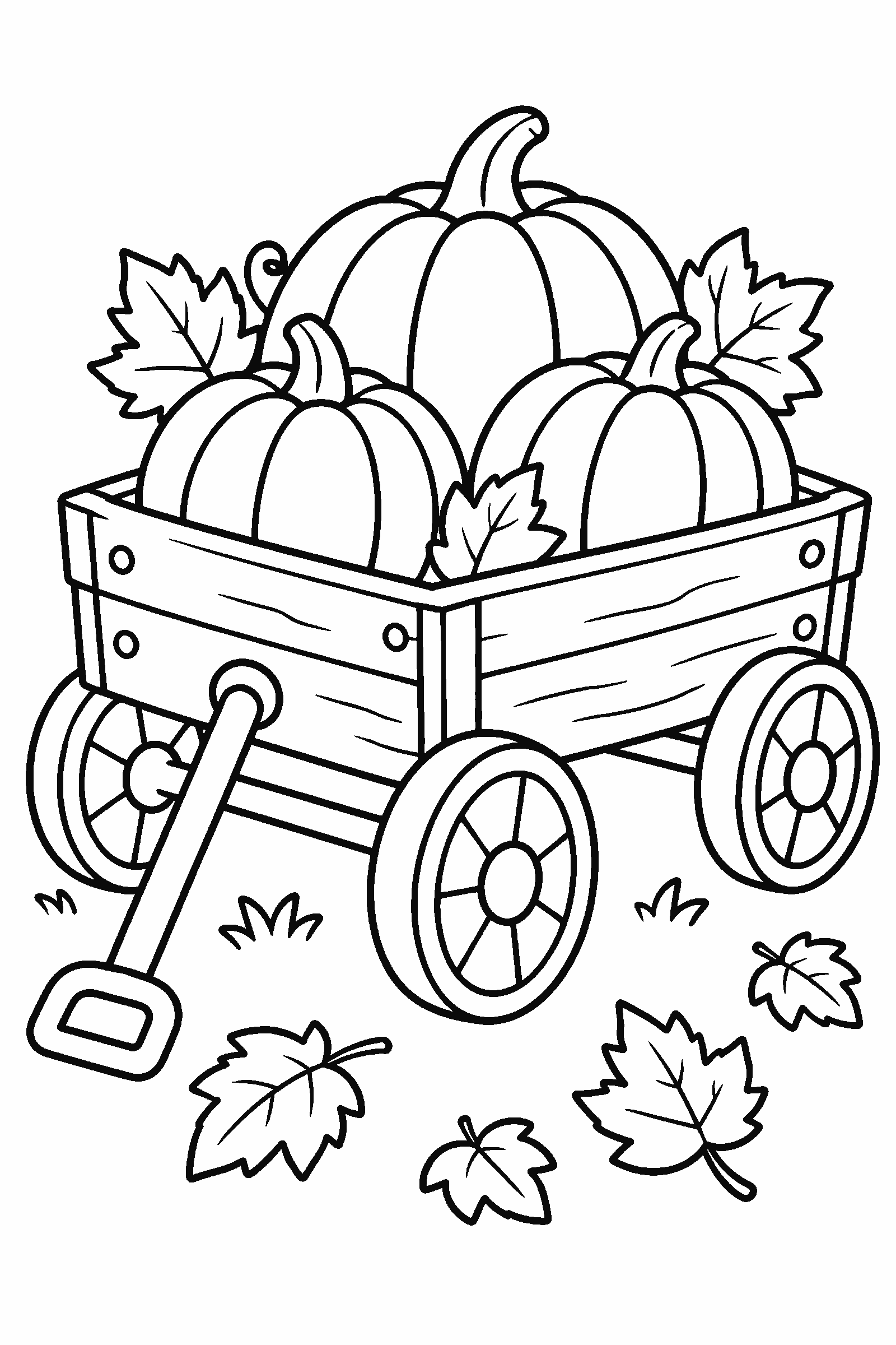 Coloring page of a wooden wagon full of pumpkins with autumn leaves on the ground