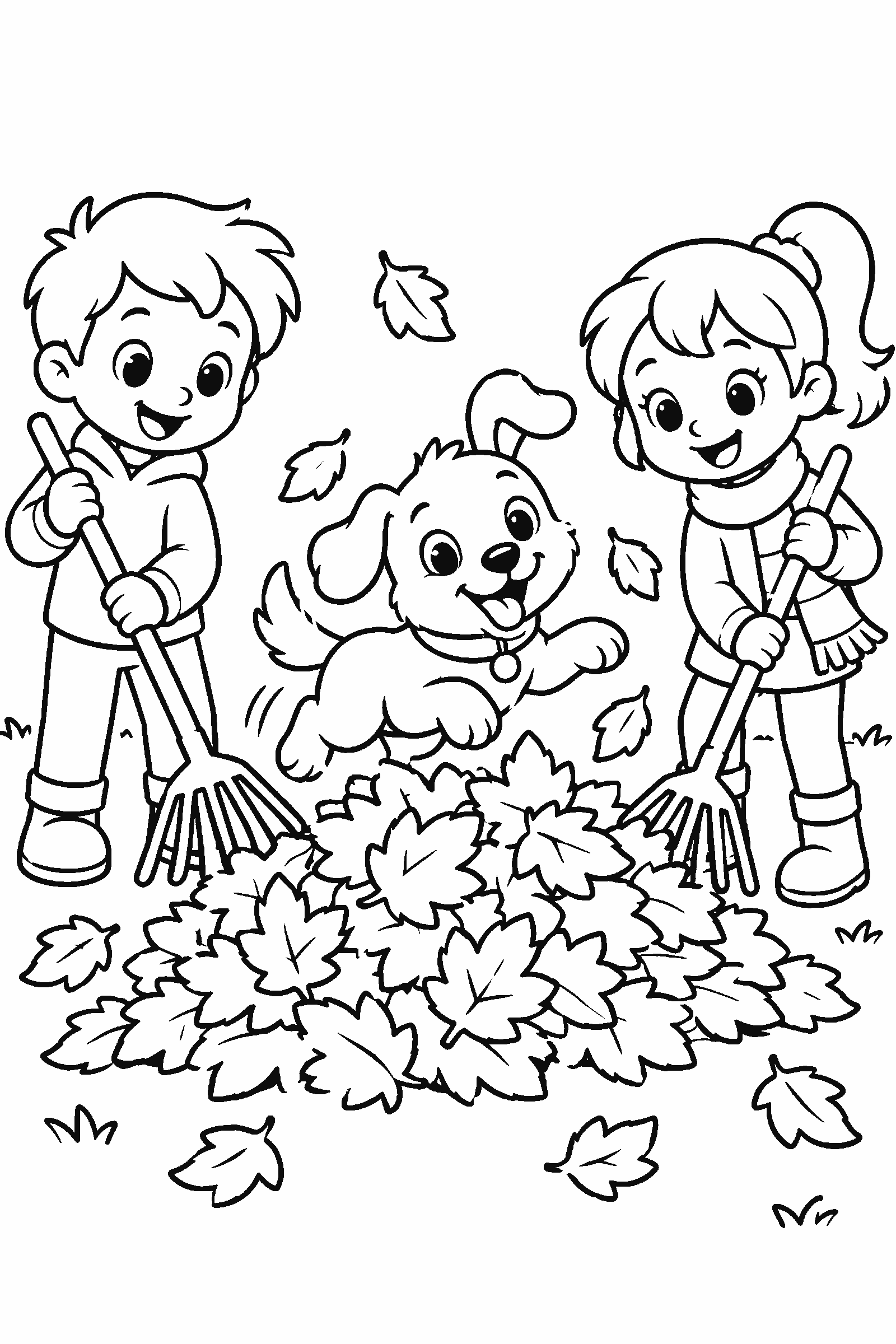 Coloring page of two kids raking a big pile of leaves with a dog jumping in
