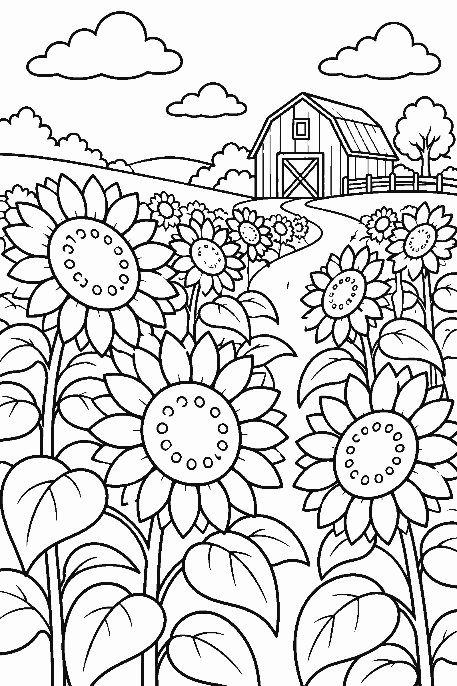 Coloring page of a field of tall sunflowers with a red barn in the background
