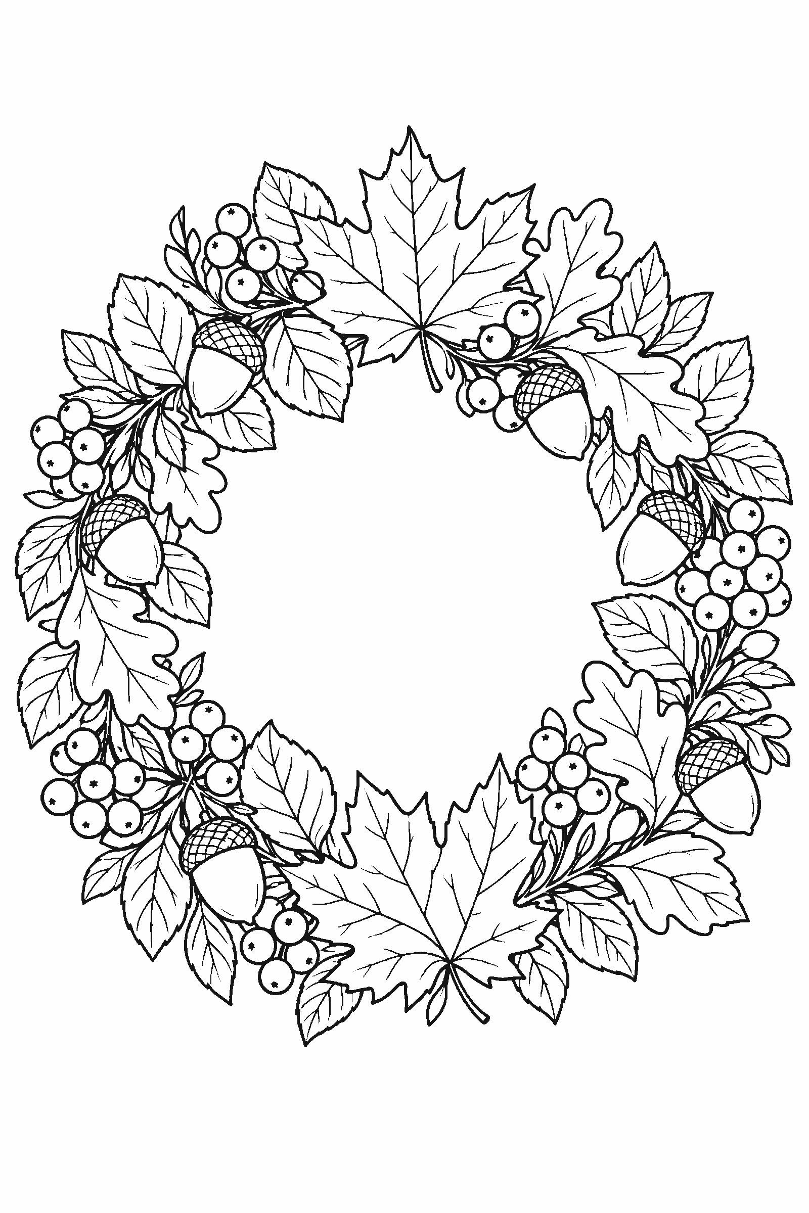 Coloring page of a wreath of autumn leaves, acorns and berries